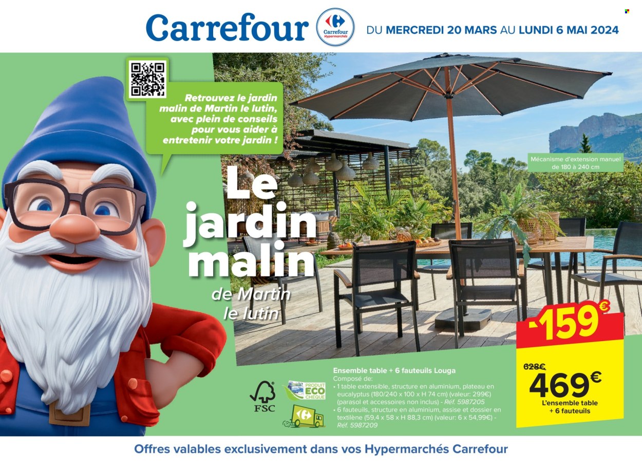 thumbnail - Catalogue Carrefour hypermarkt - 20/03/2024 - 06/05/2024 - Produits soldés - table, table extensible, parasol. Page 1.
