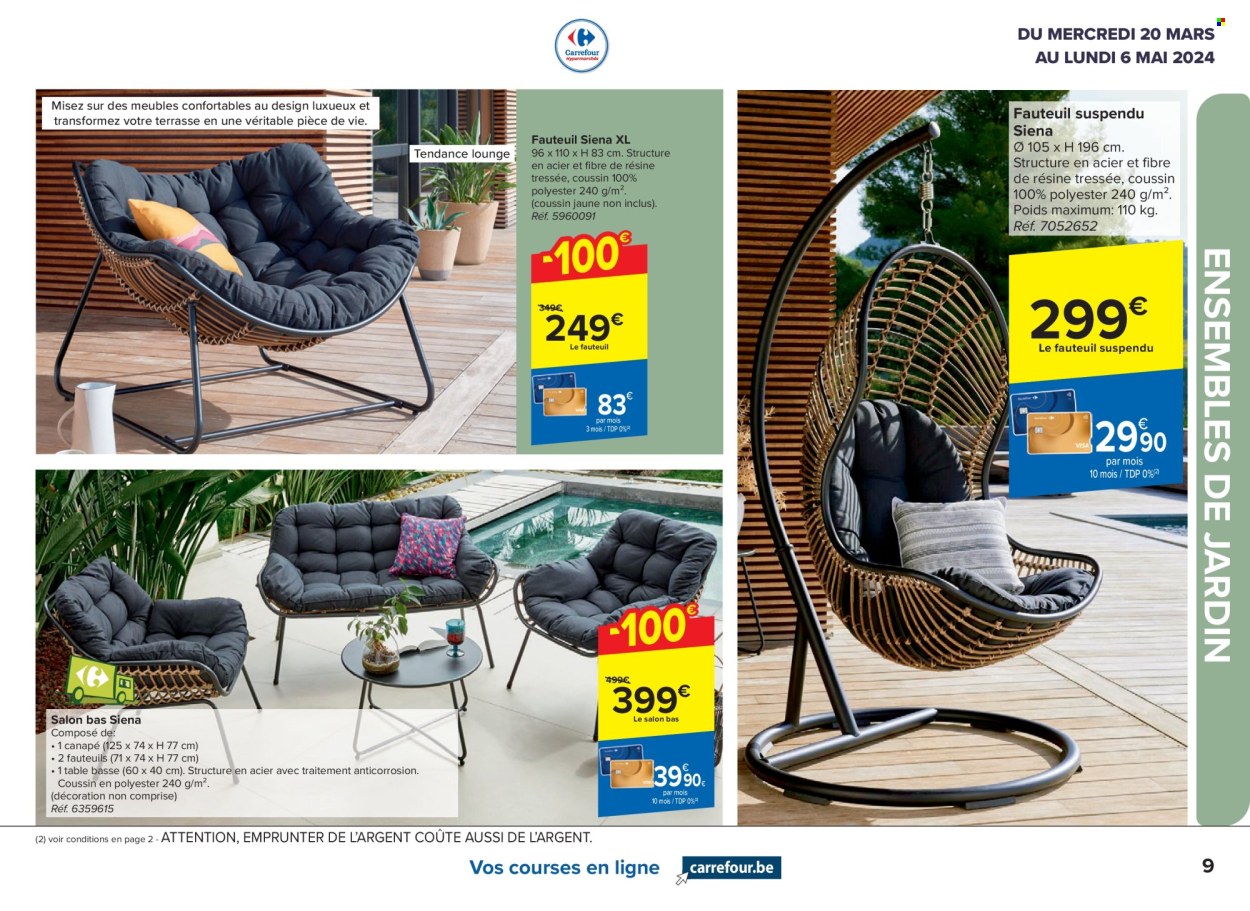 thumbnail - Catalogue Carrefour hypermarkt - 20/03/2024 - 06/05/2024 - Produits soldés - table, fauteuil, fauteuil oeuf suspendu, ligne. Page 9.