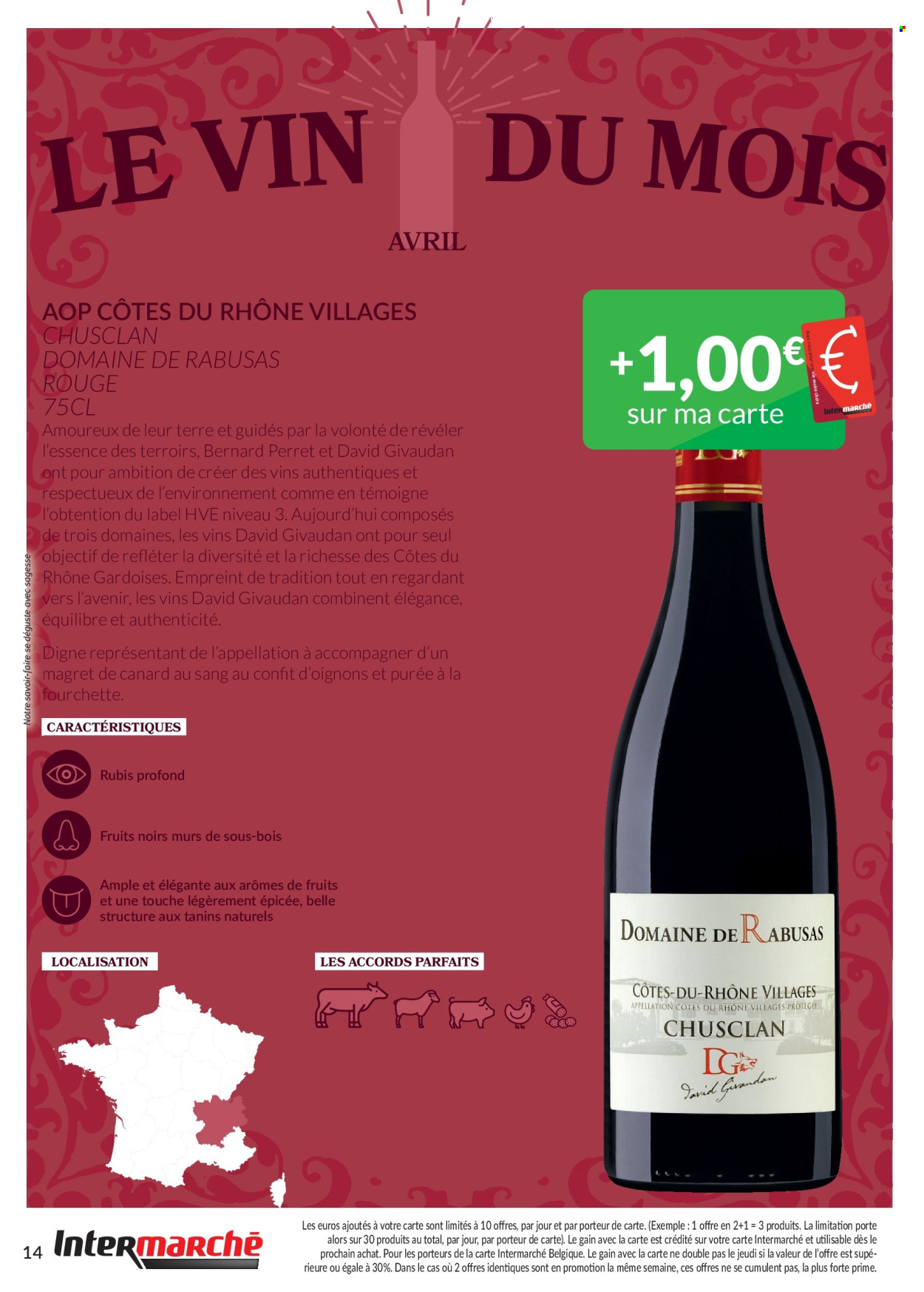 thumbnail - Catalogue Intermarché - 01/04/2024 - 30/04/2024 - Produits soldés - oignons, magret de canard, purée, Côtes du Rhône, vin rouge, vin, alcool, fourchette. Page 14.
