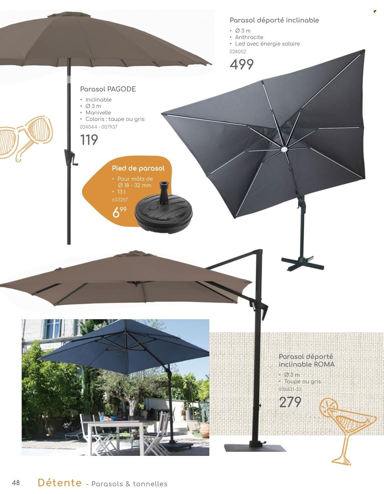 thumbnail - Catalogue Mr. Bricolage - Produits soldés - pied de parasol, parasol déporté. Page 48.