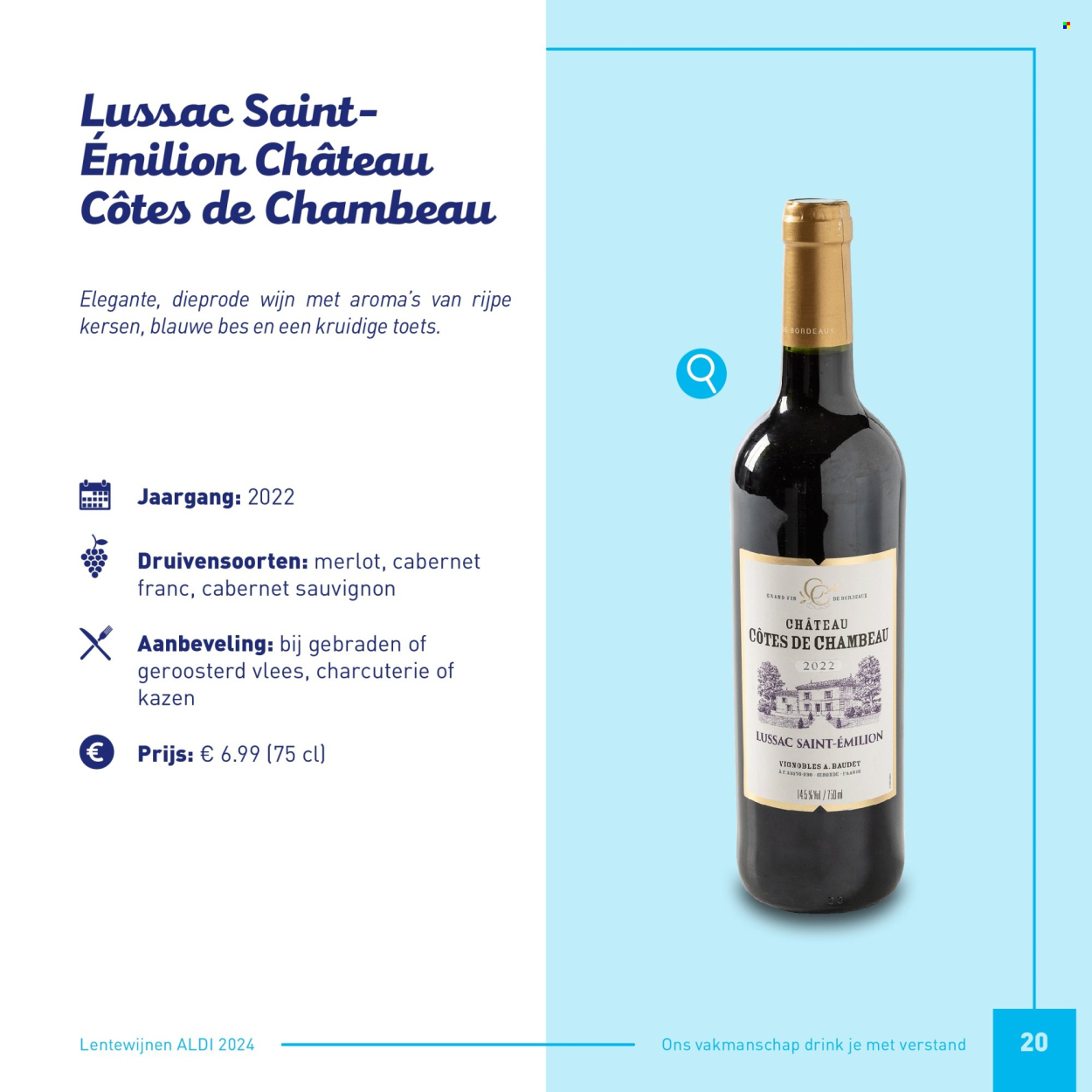 thumbnail - Catalogue ALDI - Produits soldés - charcuterie, vin blanc, vin rouge, vin, Bordeaux, alcool, Cabernet Sauvignon. Page 20.