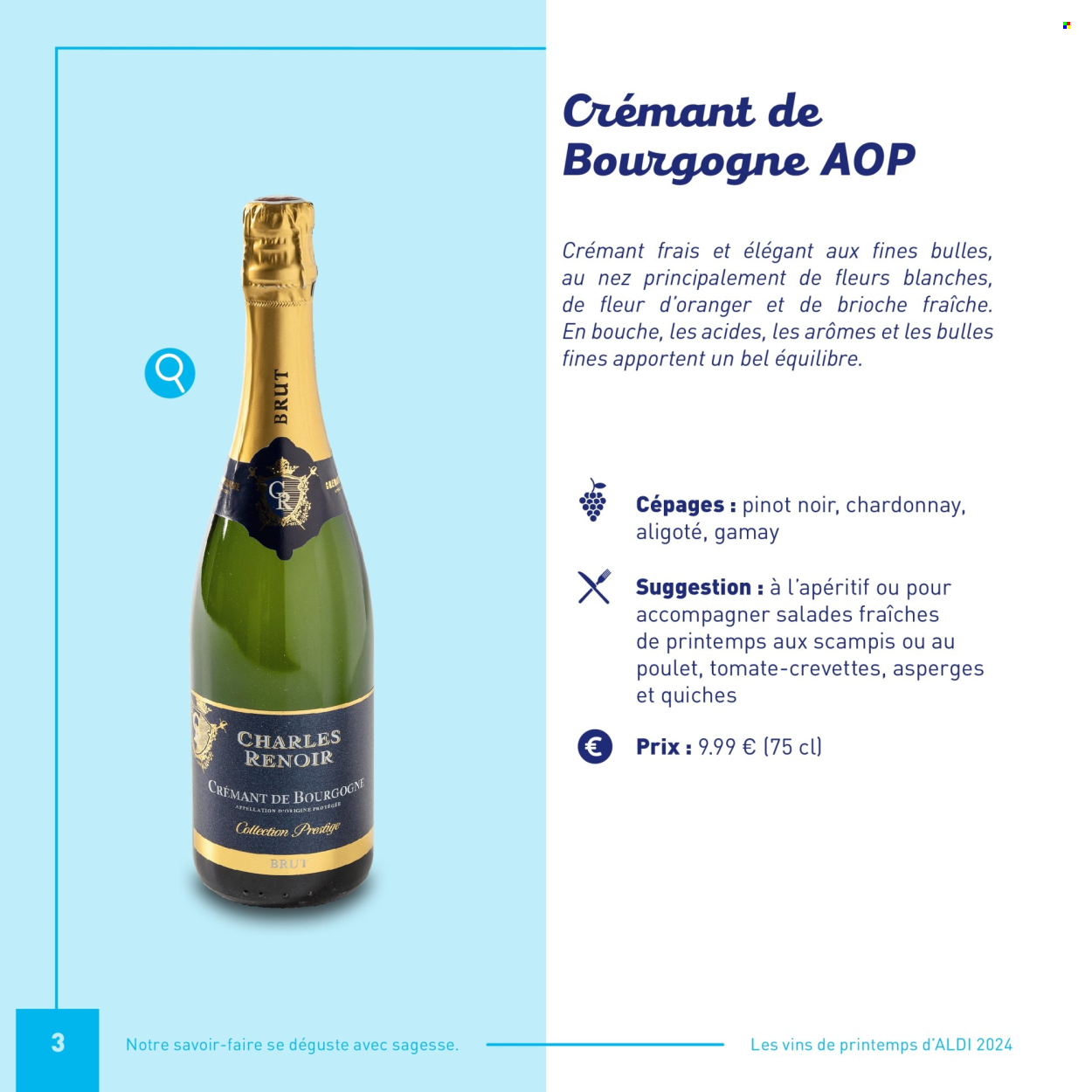 thumbnail - Catalogue ALDI - Produits soldés - salade, asperge, brioche, quiche, crevettes, vin, Crémant de Bourgogne, alcool, vin pétillant, bourgogne. Page 3.