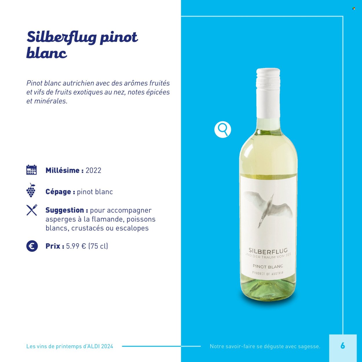 thumbnail - Catalogue ALDI - Produits soldés - escalope, asperge, vin blanc, alcool, Pinot Blanc. Page 6.