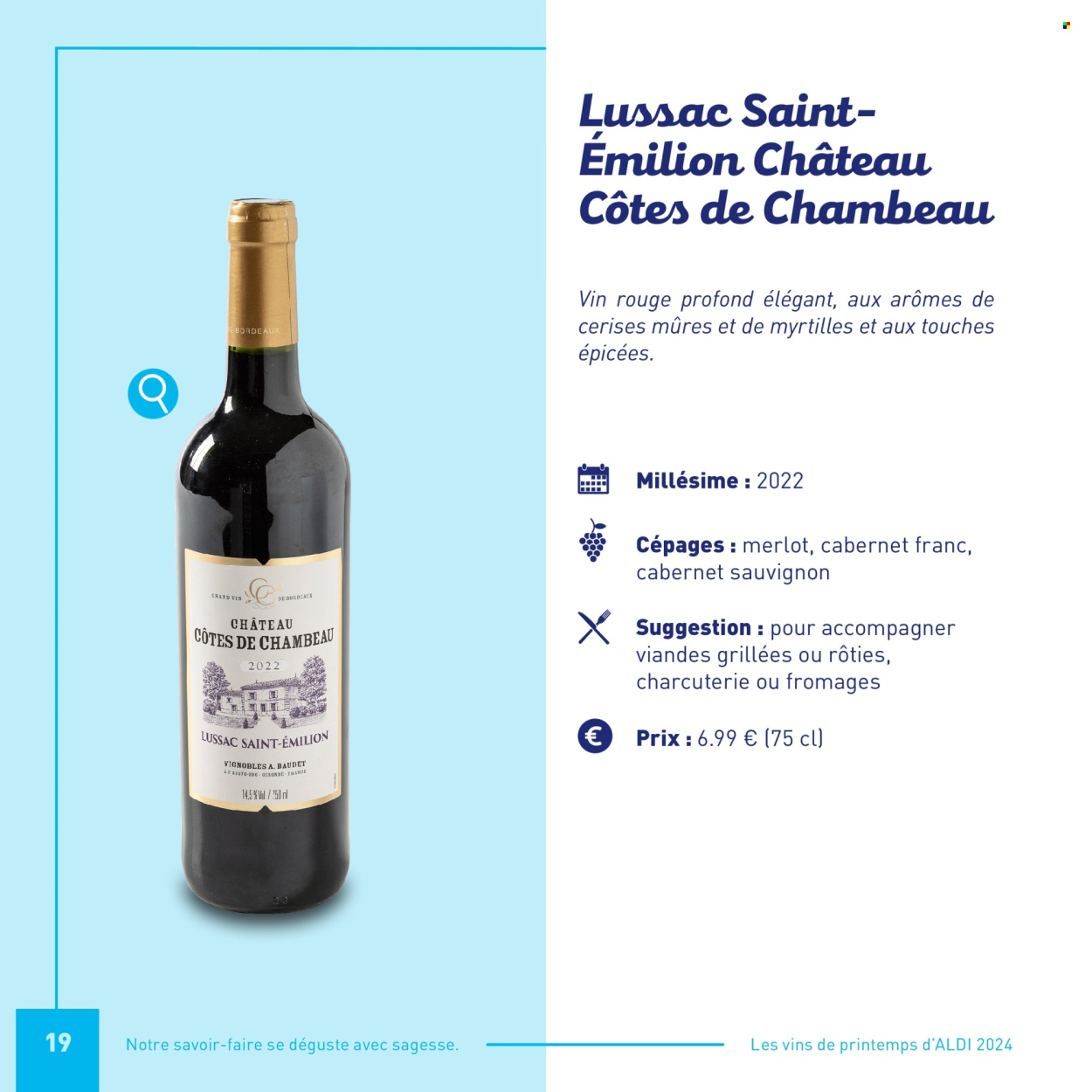 thumbnail - Catalogue ALDI - Produits soldés - charcuterie, fromage, vin blanc, vin rouge, vin, Bordeaux, alcool, Cabernet Sauvignon. Page 19.