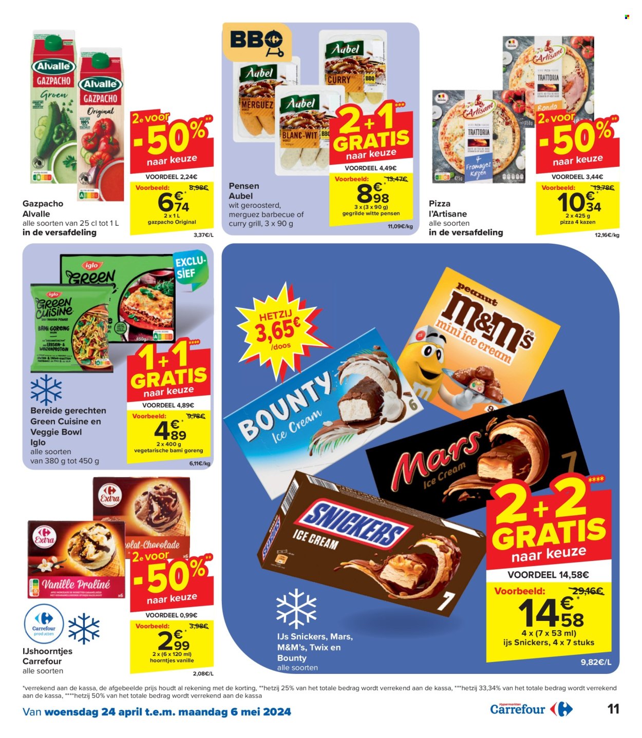 thumbnail - Catalogue Carrefour hypermarkt - 24/04/2024 - 06/05/2024 - Produits soldés - pizza, gazpacho, merguez, M&M's, Twix, curry, barbecue, grill. Page 11.