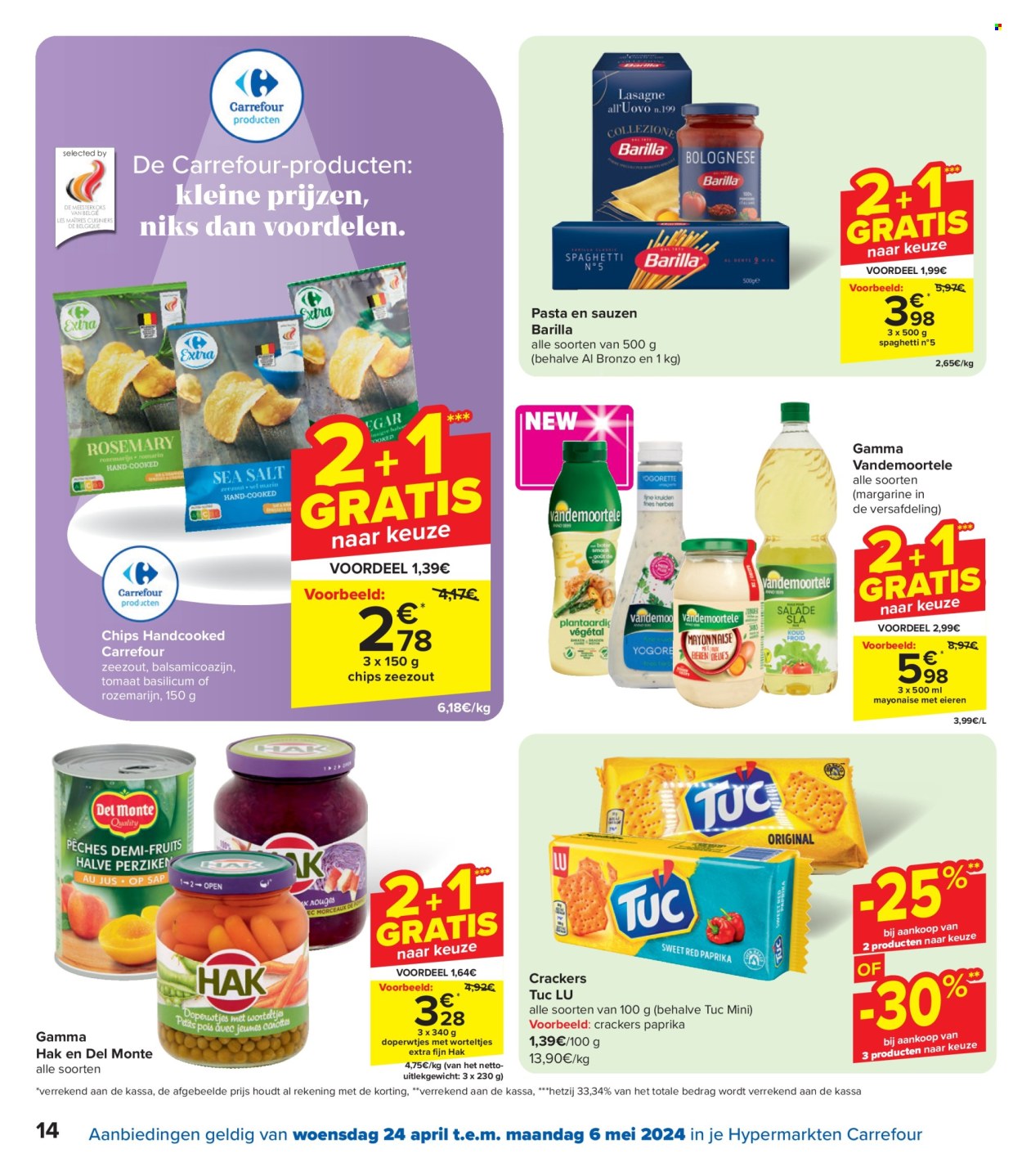 thumbnail - Catalogue Carrefour hypermarkt - 24/04/2024 - 06/05/2024 - Produits soldés - spaghetti, margarine, LU, chips, crackers, TUC, Barilla. Page 14.