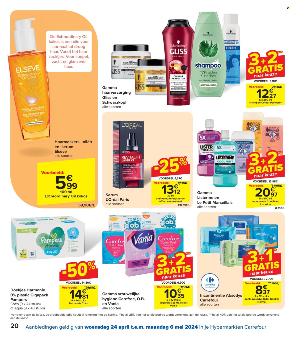 thumbnail - Catalogue Carrefour hypermarkt - 24/04/2024 - 06/05/2024 - Produits soldés - L'Oréal, Pampers, shampooing, Le Petit Marseillais, sérum, Schwarzkopf, Listerine, Elseve. Page 20.
