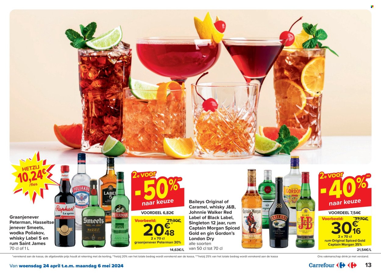 thumbnail - Catalogue Carrefour - 24/04/2024 - 06/05/2024 - Produits soldés - alcool, Captain Morgan, gin, vodka, whisky, J&B, Poliakov, Baileys Irish cream. Page 13.