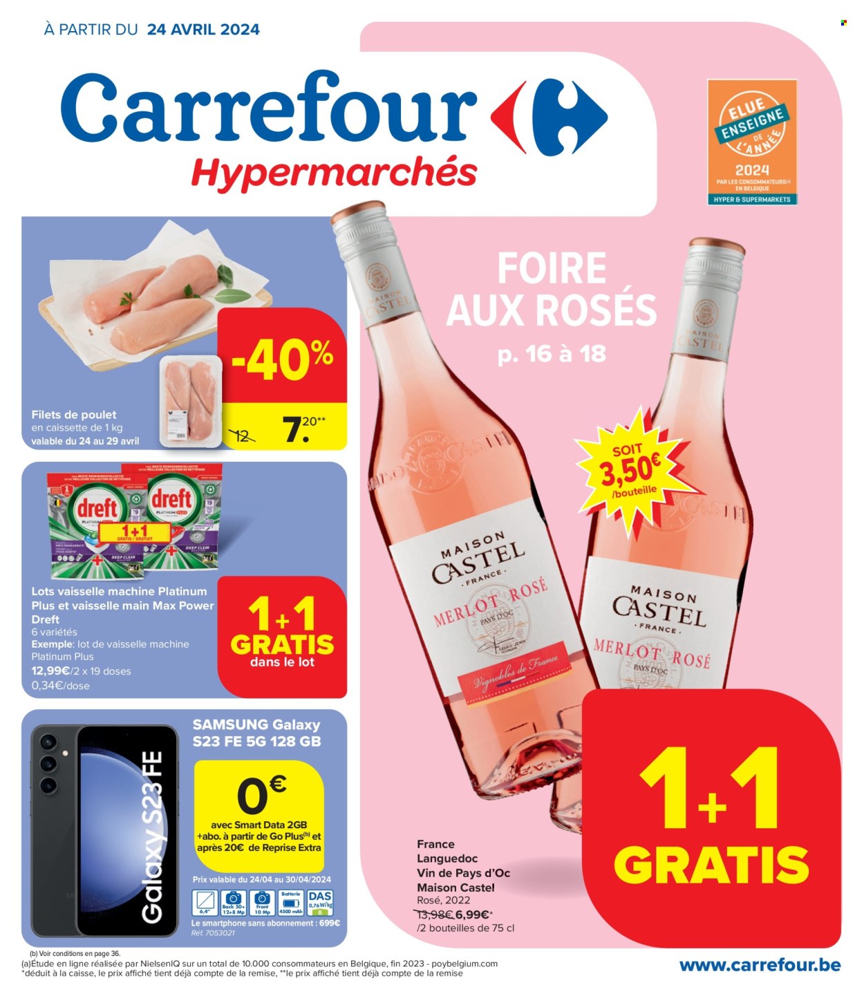 thumbnail - Catalogue Carrefour hypermarkt - 24/04/2024 - 06/05/2024 - Produits soldés - Samsung, filet de poulet, viande de poulet, vin, alcool, vaisselle, smartphone, ligne, maison. Page 1.