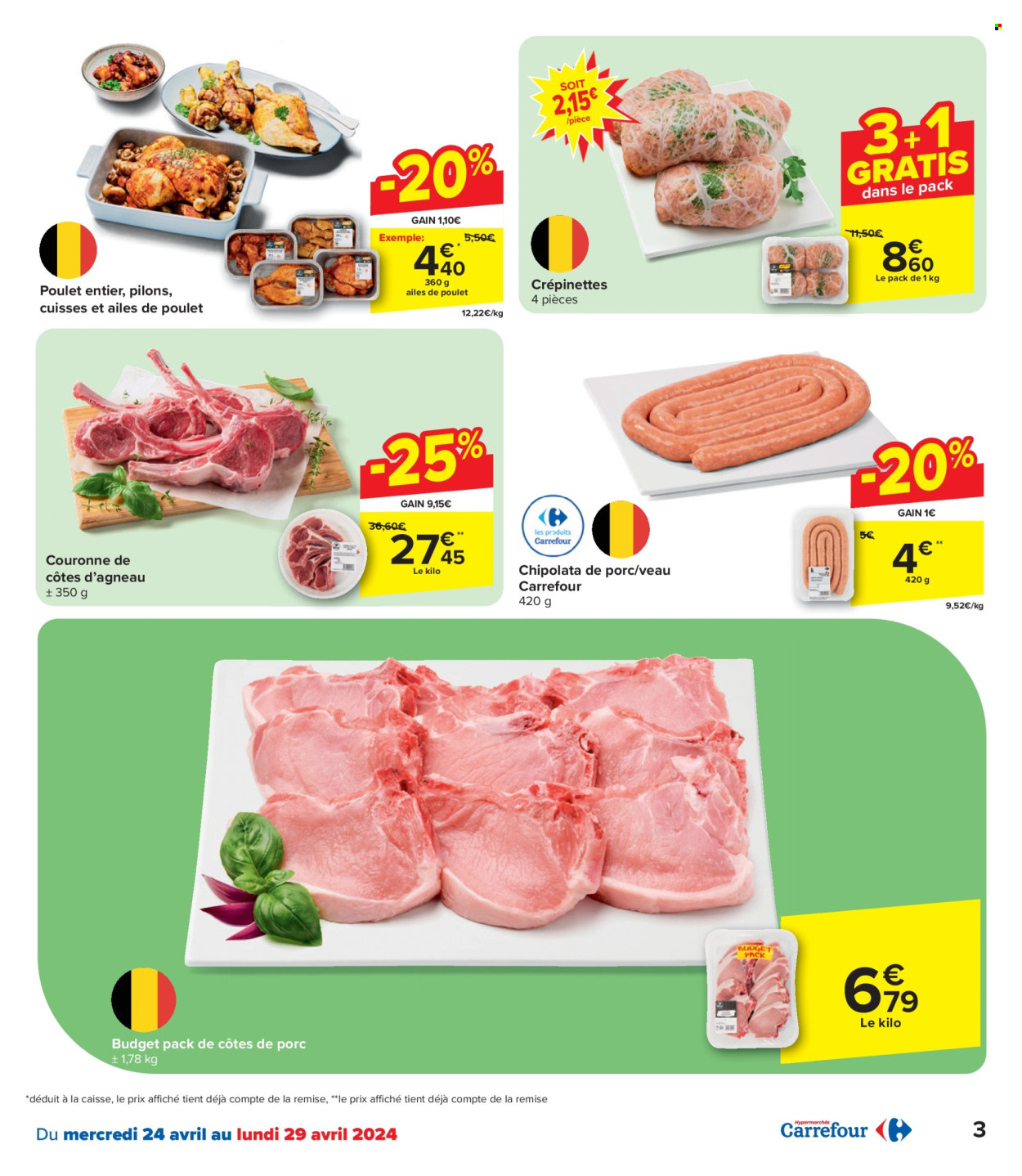 thumbnail - Catalogue Carrefour hypermarkt - 24/04/2024 - 06/05/2024 - Produits soldés - côtes de porc, viande de porc, viande de poulet, ailes de poulet, viande de veau, côtes d’agneau, chipolata. Page 3.
