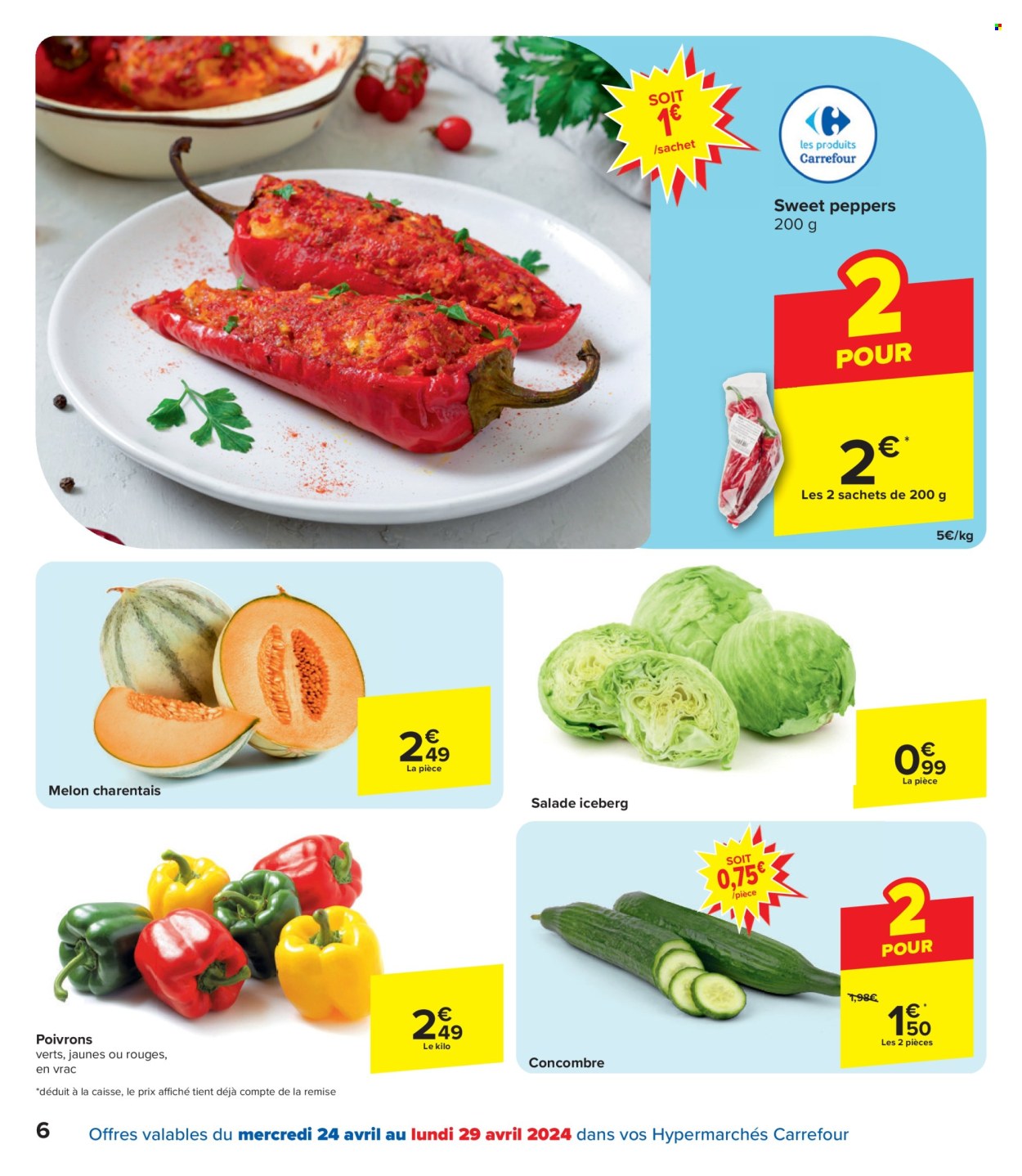 thumbnail - Catalogue Carrefour hypermarkt - 24/04/2024 - 06/05/2024 - Produits soldés - salade, concombre, poivrons, iceberg, melon. Page 6.