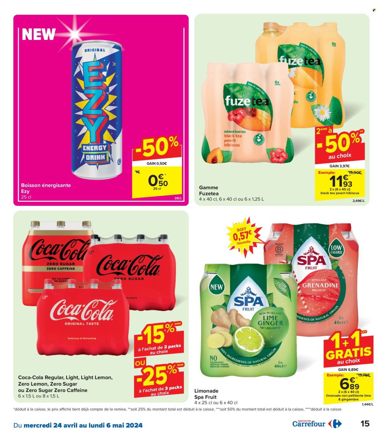 thumbnail - Catalogue Carrefour hypermarkt - 24/04/2024 - 06/05/2024 - Produits soldés - gingembre, Coca-Cola, limonade, boisson énergétique, hibiscus. Page 15.