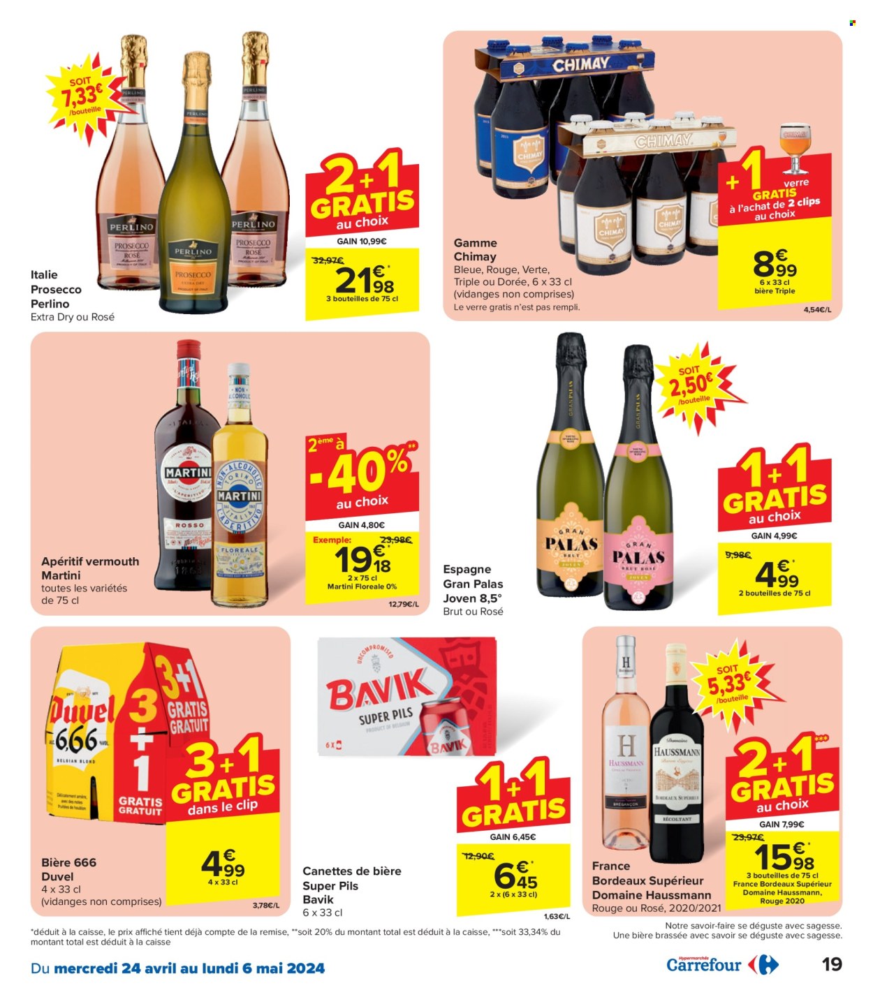 thumbnail - Catalogue Carrefour hypermarkt - 24/04/2024 - 06/05/2024 - Produits soldés - vin rouge, vin, Bordeaux, alcool, apéritif, verre, Prosecco, vermouth, Martini. Page 19.
