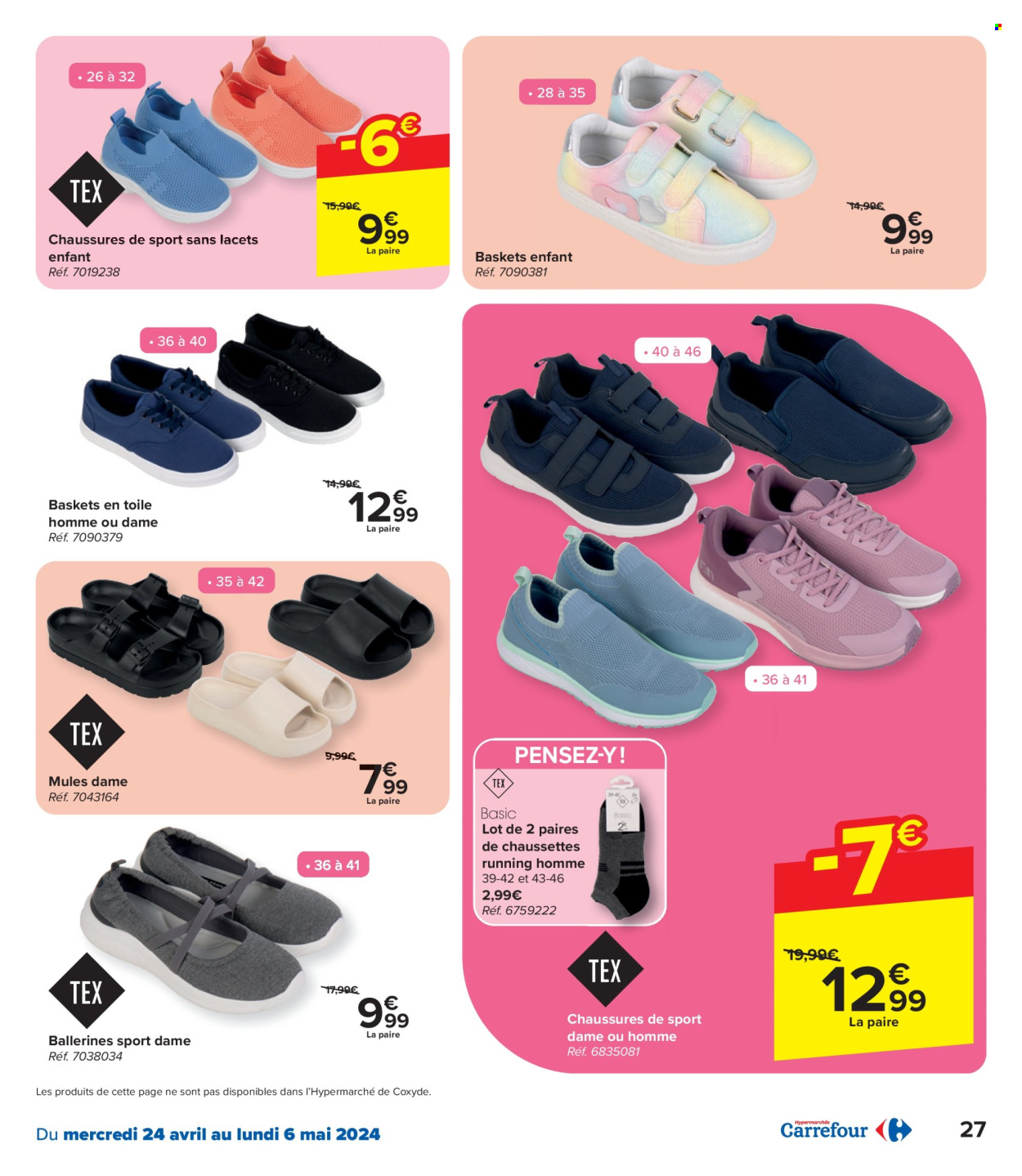 thumbnail - Catalogue Carrefour hypermarkt - 24/04/2024 - 06/05/2024 - Produits soldés - ballerines, chaussures de sport, mules, basket, chaussettes. Page 27.