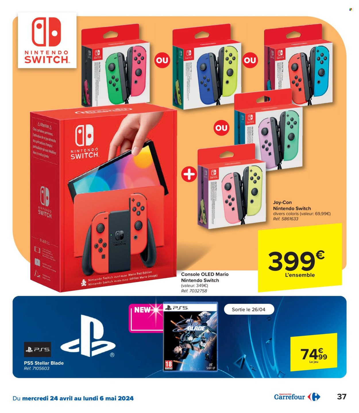 thumbnail - Catalogue Carrefour hypermarkt - 24/04/2024 - 06/05/2024 - Produits soldés - console, Nintendo Switch, PS5. Page 37.