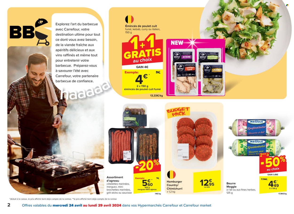 thumbnail - Catalogue Carrefour - 24/04/2024 - 06/05/2024 - Produits soldés - viande, hamburger, merguez, saucisse, beurre, vin, barbecue, grill. Page 2.