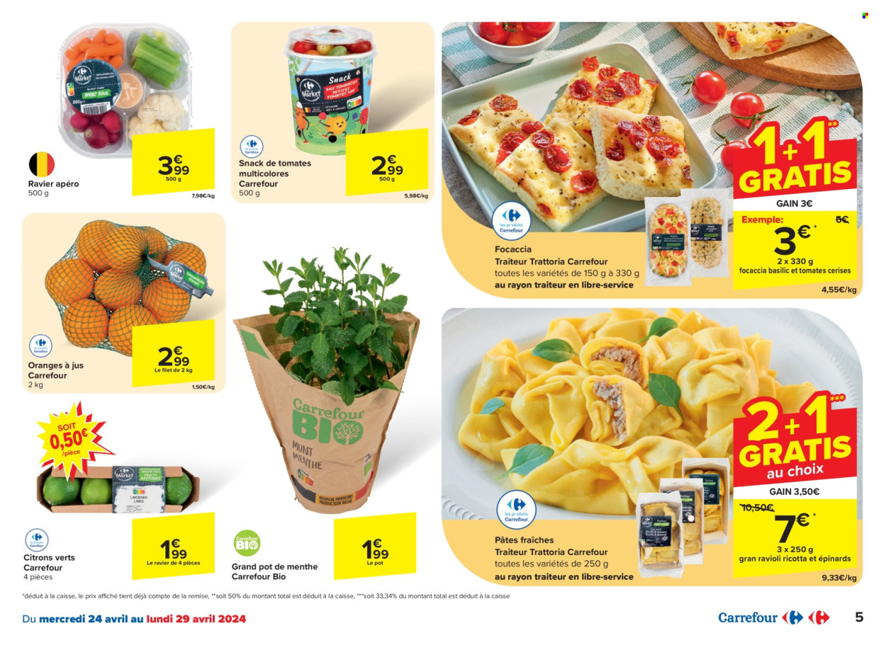 thumbnail - Catalogue Carrefour - 24/04/2024 - 06/05/2024 - Produits soldés - citron, focaccia, pâtes, ravioli, ricotta, jus d'orange, jus. Page 5.
