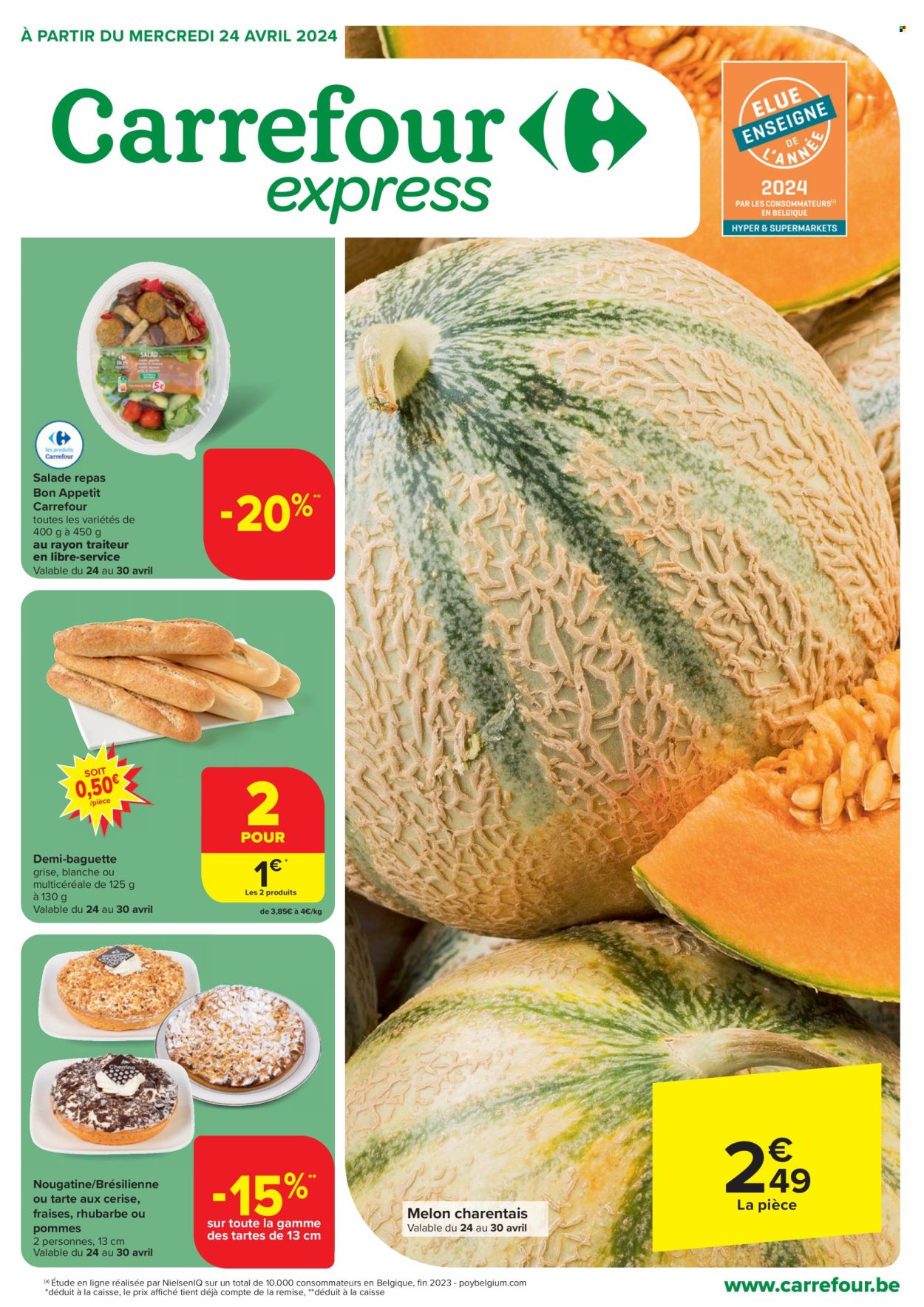 thumbnail - Catalogue Carrefour express - 24/04/2024 - 06/05/2024 - Produits soldés - salade, fraises, melon, tarte, baguette. Page 1.