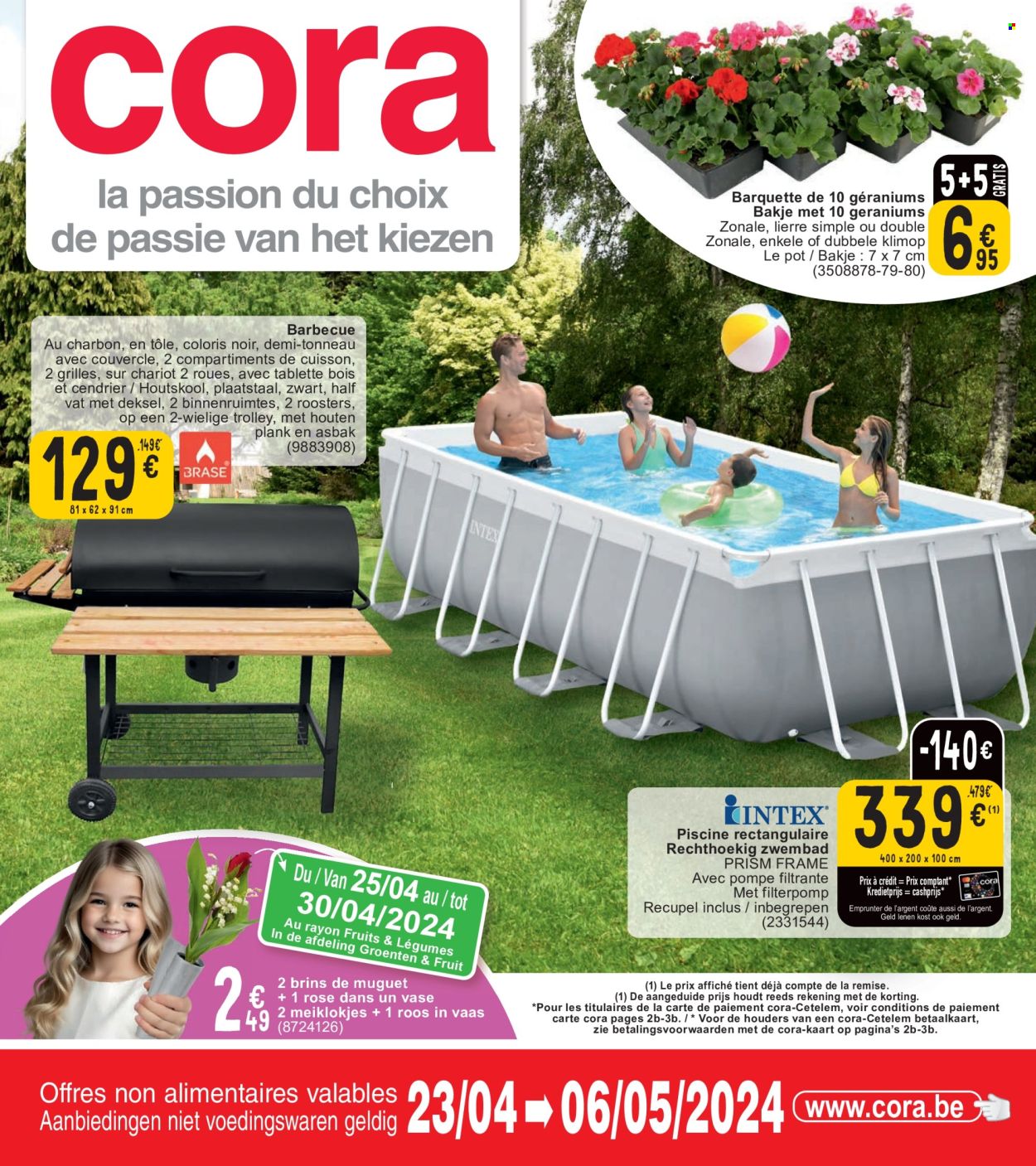 thumbnail - Catalogue Cora - 23/04/2024 - 06/05/2024 - Produits soldés - couvercle, piscine, barbecue, fleur, trolley. Page 1.