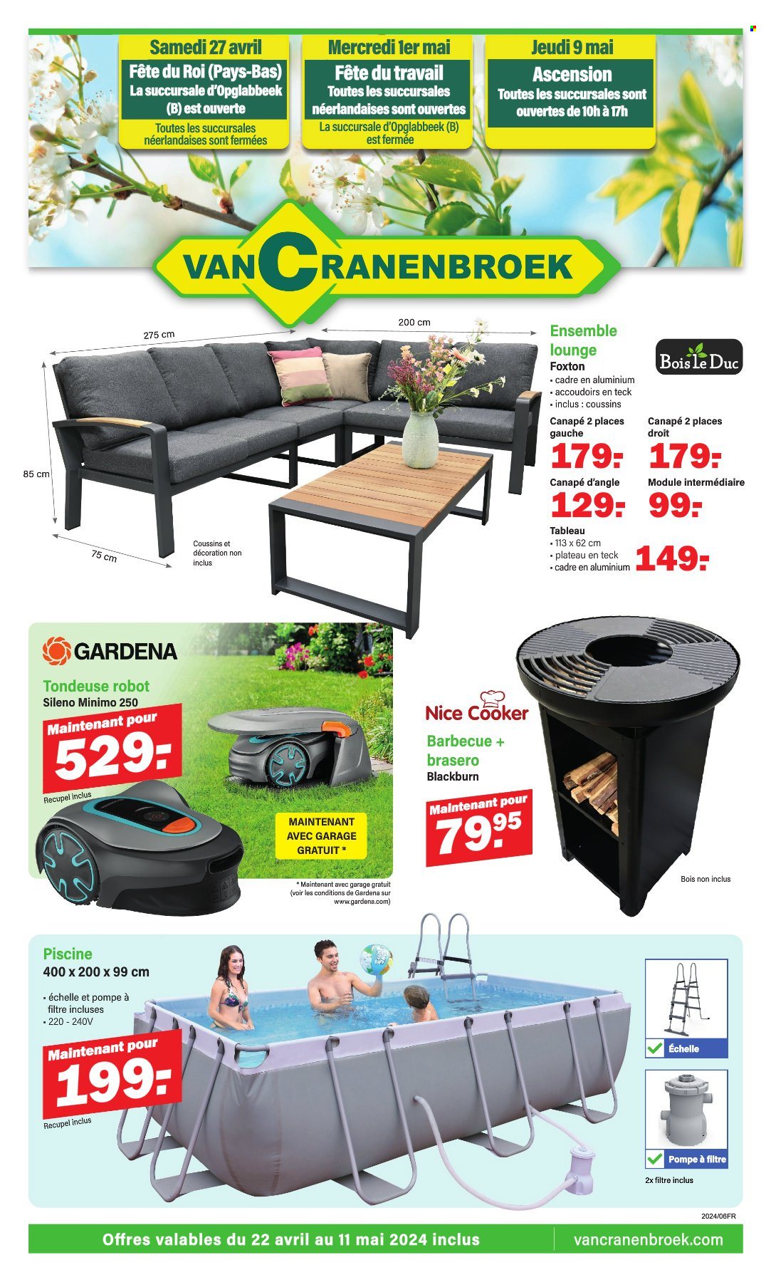 thumbnail - Catalogue Van Cranenbroek - 22/04/2024 - 11/05/2024 - Produits soldés - coussin, tondeuse, piscine, robot tondeuse, barbecue, brasero. Page 1.