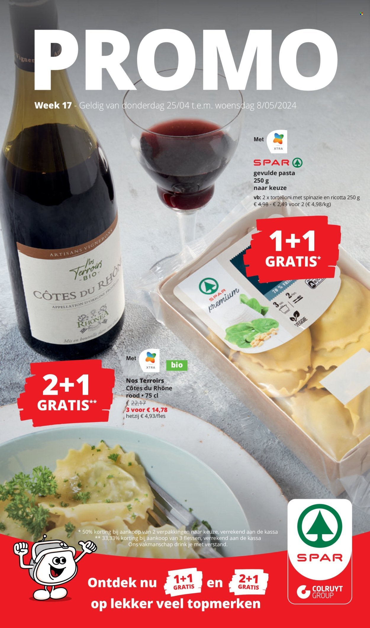 thumbnail - Catalogue SPAR - 25/04/2024 - 08/05/2024 - Produits soldés - tortellini, ricotta, Côtes du Rhône, vin, alcool. Page 1.