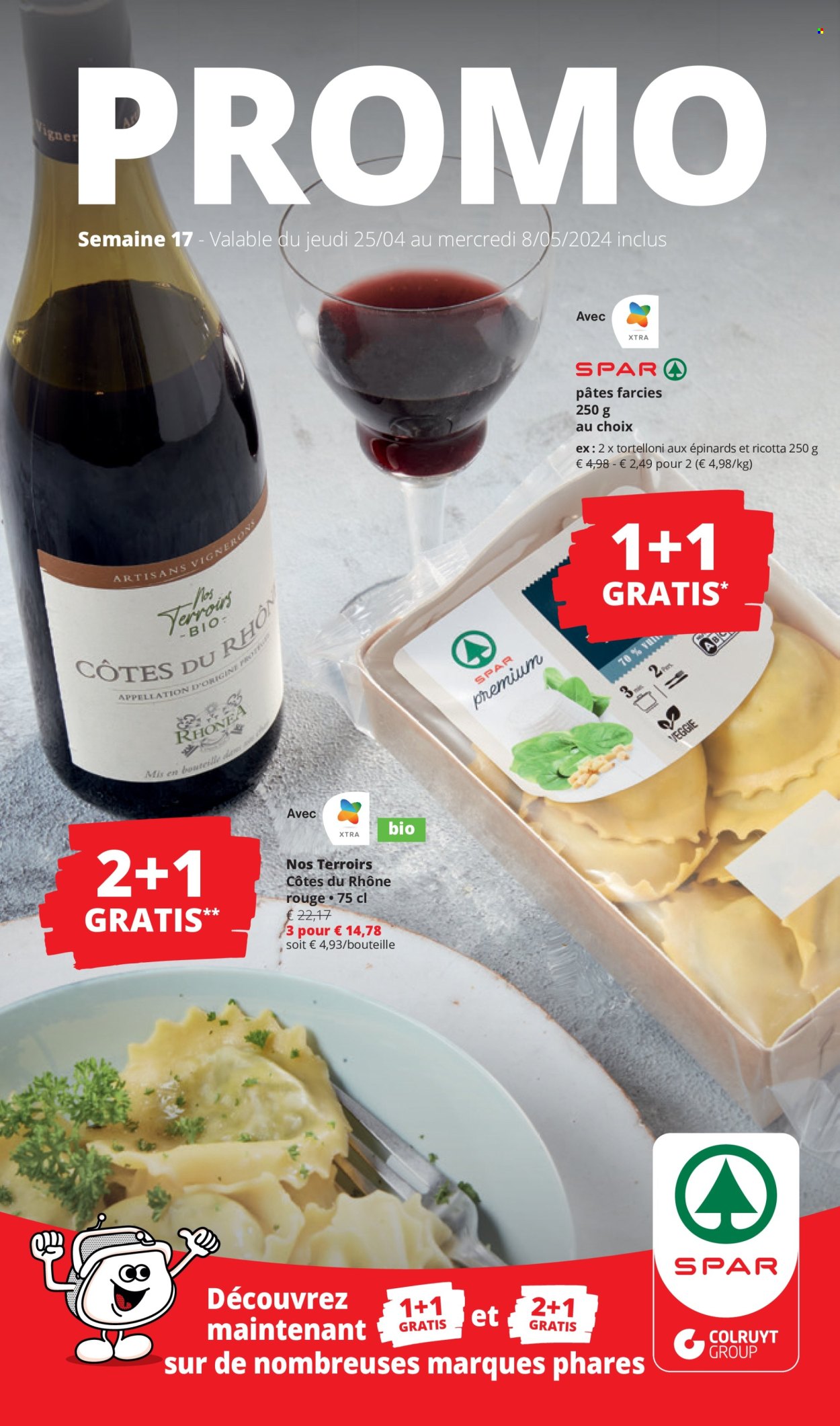 thumbnail - Catalogue SPAR - 25/04/2024 - 08/05/2024 - Produits soldés - épinard, tortellini, pâtes, Côtes du Rhône, vin, alcool. Page 1.