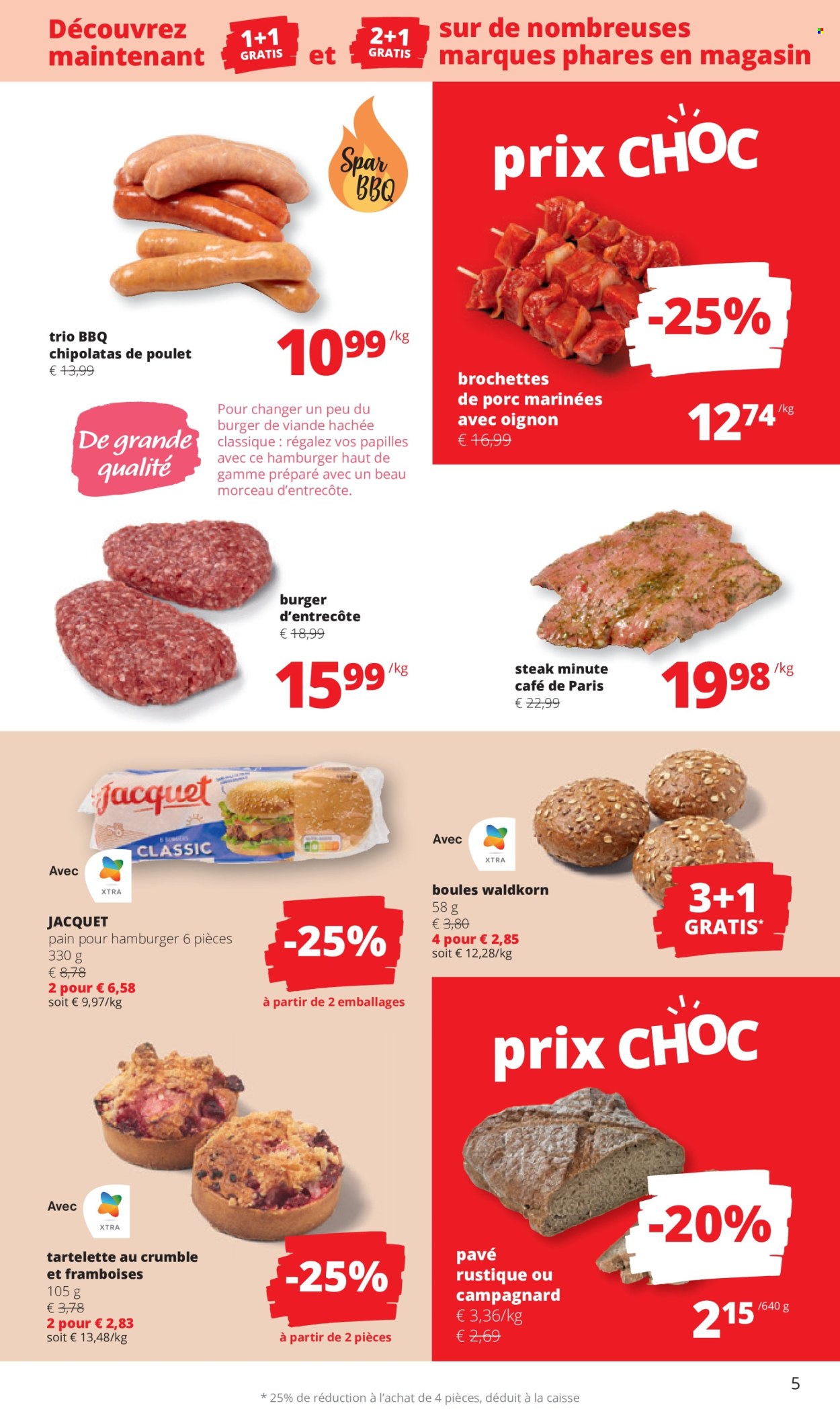 thumbnail - Catalogue SPAR - 25/04/2024 - 08/05/2024 - Produits soldés - steak, brochettes de porc, viande de porc, viande, framboises, pain, entrecôte, viande hachée, hamburger, campagnard, chipolata. Page 5.