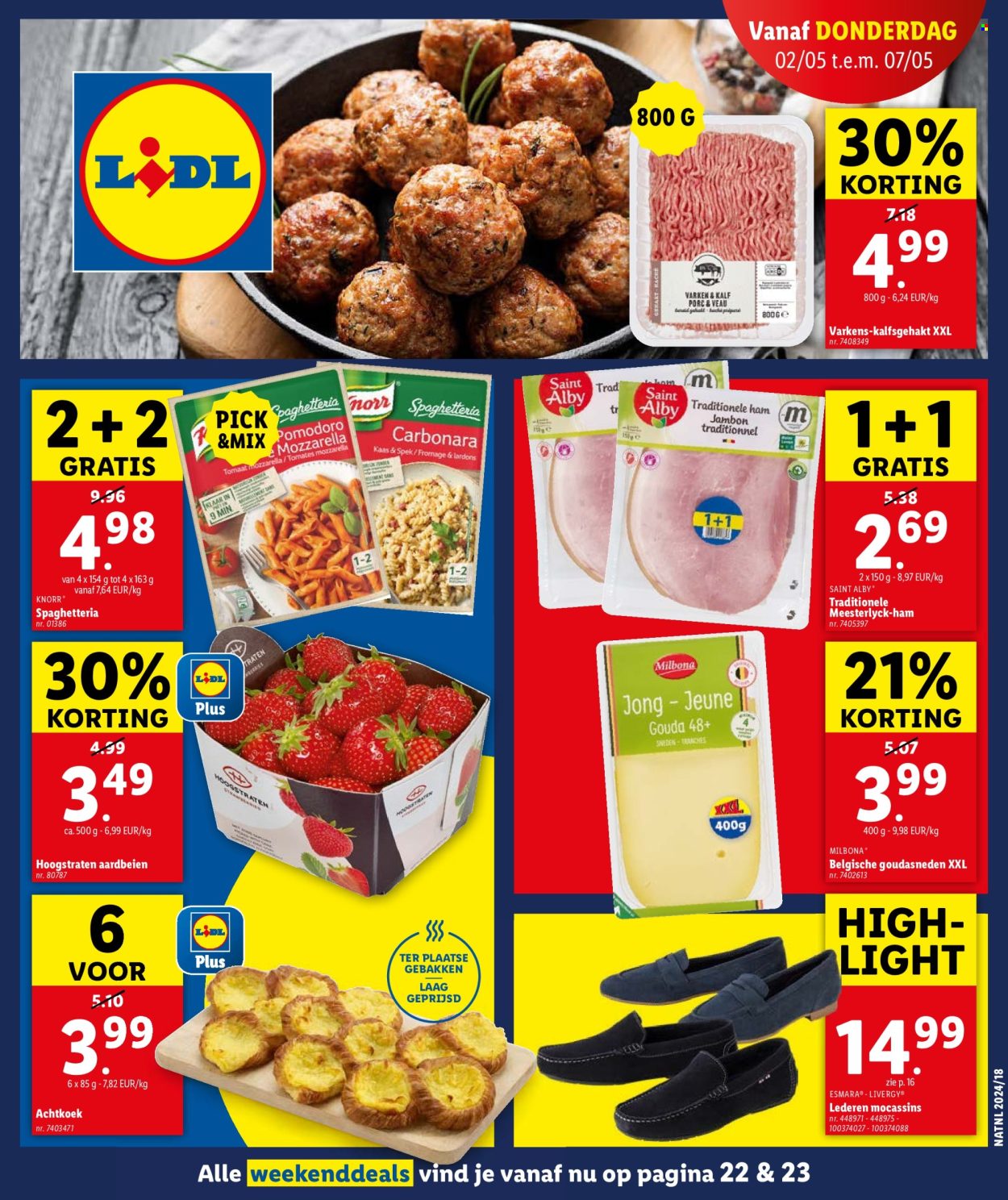 thumbnail - Catalogue Lidl - 02/05/2024 - 07/05/2024 - Produits soldés - mocassins, viande de veau, Knorr, jambon, lardons, fromage, mozzarella. Page 1.