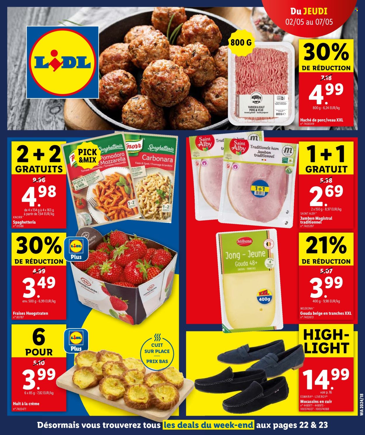 thumbnail - Catalogue Lidl - 02/05/2024 - 07/05/2024 - Produits soldés - fraises, mocassins, viande de veau, Knorr, jambon, lardons, fromage, mozzarella. Page 1.
