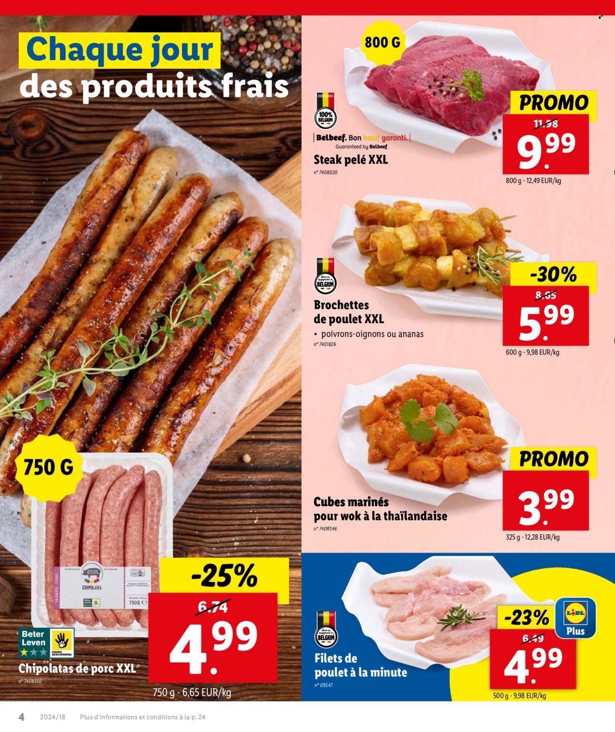 thumbnail - Catalogue Lidl - 02/05/2024 - 07/05/2024 - Produits soldés - steak, filet de poulet, viande de poulet, brochettes de poulet, chipolata. Page 4.