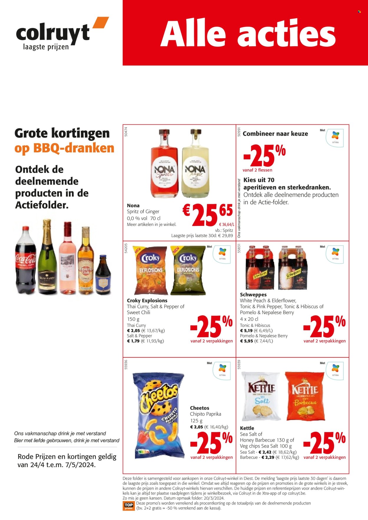 thumbnail - Catalogue Colruyt - 24/04/2024 - 07/05/2024 - Produits soldés - pomelo, chips, curry, Schweppes, tonic, Spritz. Page 1.