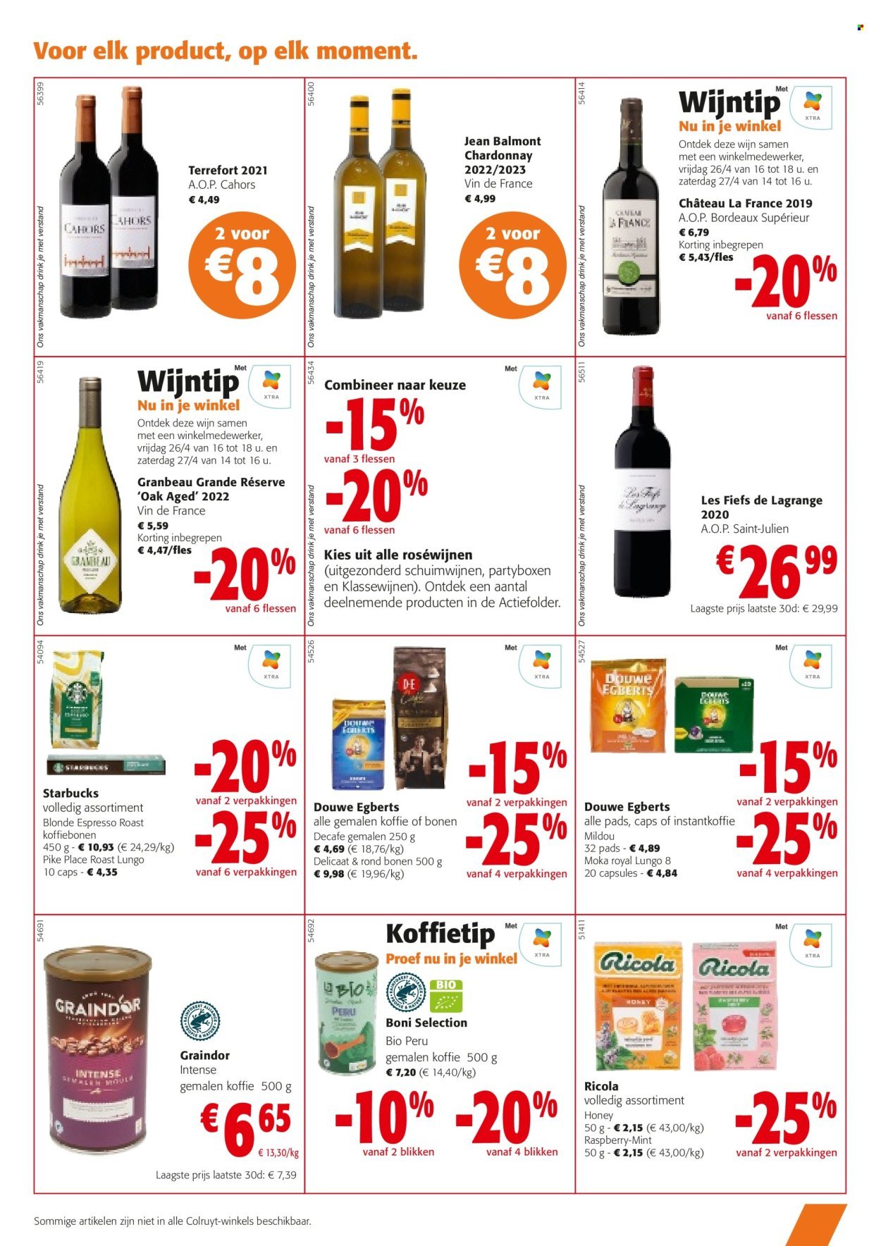 thumbnail - Catalogue Colruyt - 24/04/2024 - 07/05/2024 - Produits soldés - Boni, Starbucks, vin rouge, vin, Bordeaux, alcool. Page 3.