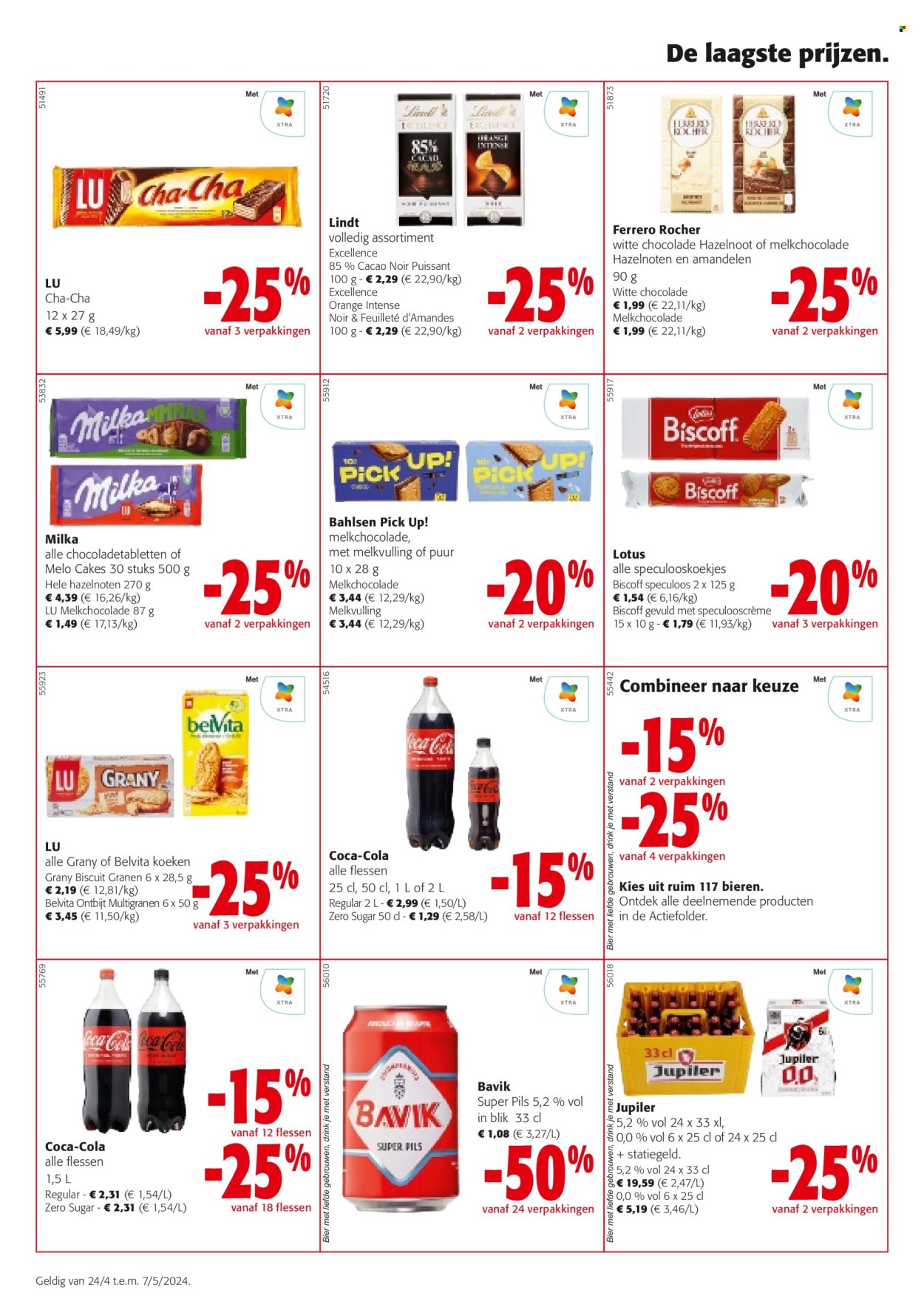 thumbnail - Catalogue Colruyt - 24/04/2024 - 07/05/2024 - Produits soldés - Milka, Ferrero Rocher, speculoos, Lotus, biscuits, Lindt, LU, cacao, Coca-Cola. Page 4.