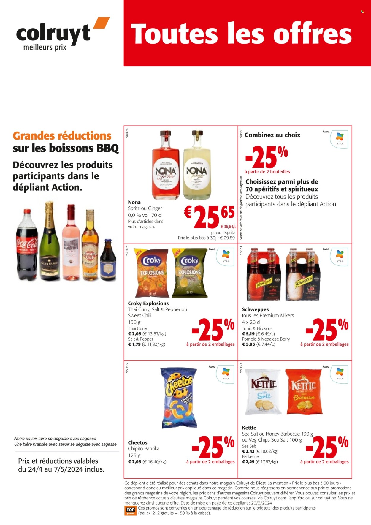 thumbnail - Catalogue Colruyt - 24/04/2024 - 07/05/2024 - Produits soldés - pomelo, chips, curry, Schweppes, tonic, Spritz. Page 1.