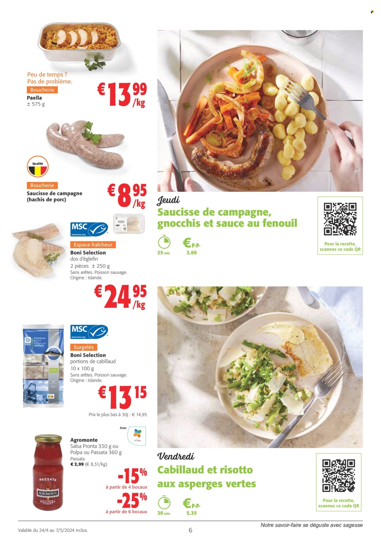 thumbnail - Catalogue Colruyt - 24/04/2024 - 07/05/2024 - Produits soldés - asperge, cabillaud, Boni, eglefin, poisson, gnocchi, risotto, paella, plat cuisiné, saucisse, bocal. Page 6.