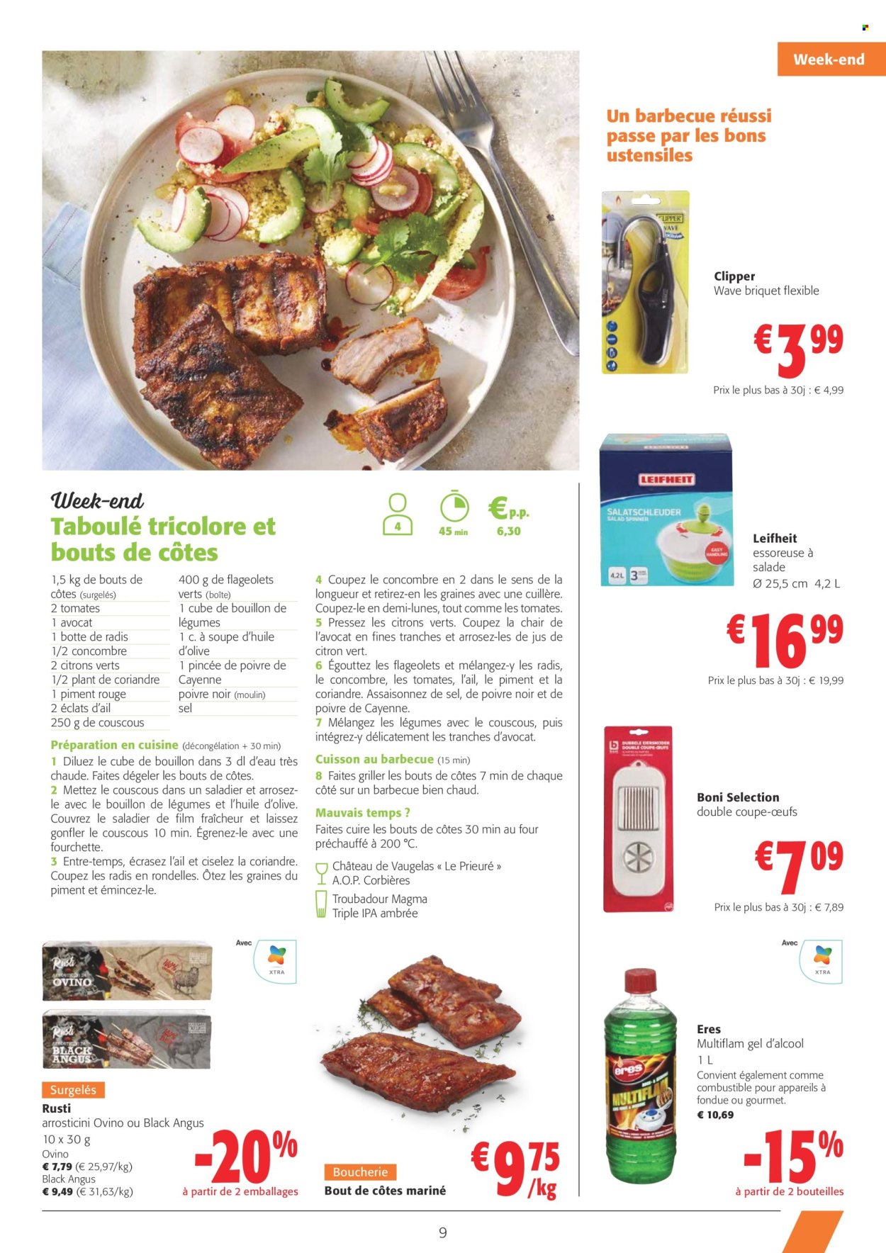 thumbnail - Catalogue Colruyt - 24/04/2024 - 07/05/2024 - Produits soldés - tomates, concombre, piment, citron vert, Boni, bouillon, flageolets, couscous, citronnade, vin, Corbières, alcool, saladier, fourchette, essoreuse à salade, barbecue. Page 9.