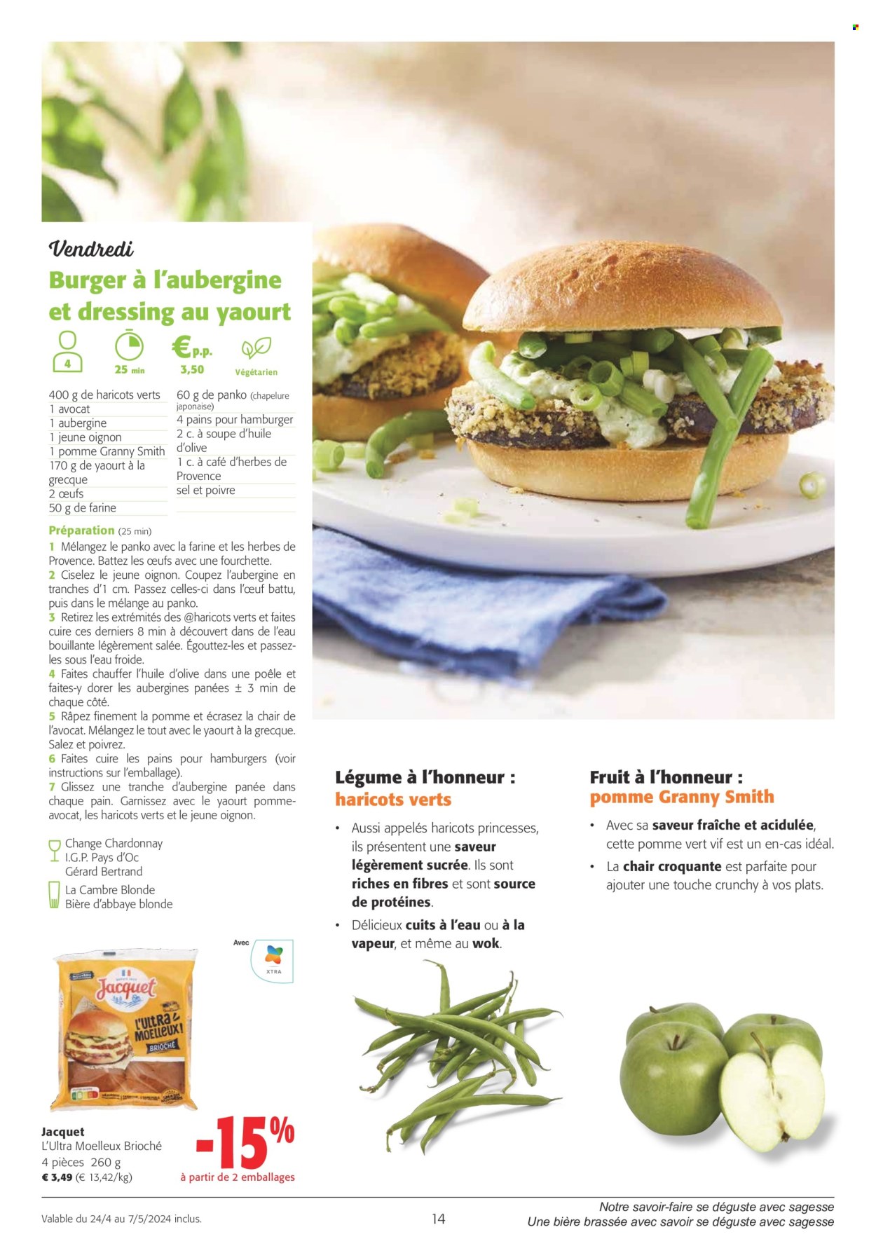 thumbnail - Catalogue Colruyt - 24/04/2024 - 07/05/2024 - Produits soldés - haricots vert, brioche, pain hamburger, œufs, vin, alcool, bière blonde, fourchette. Page 14.