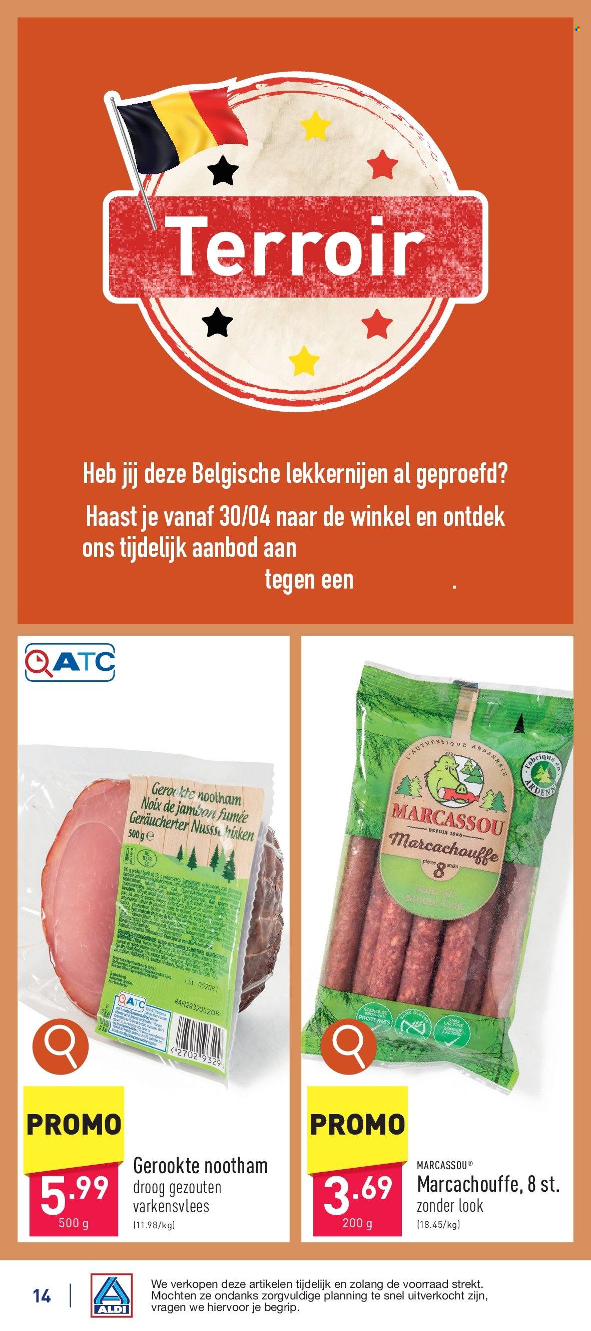thumbnail - Catalogue ALDI - 27/04/2024 - 04/05/2024 - Produits soldés - viande de porc, viande, jambon, sel, sirop, noix, jus. Page 14.