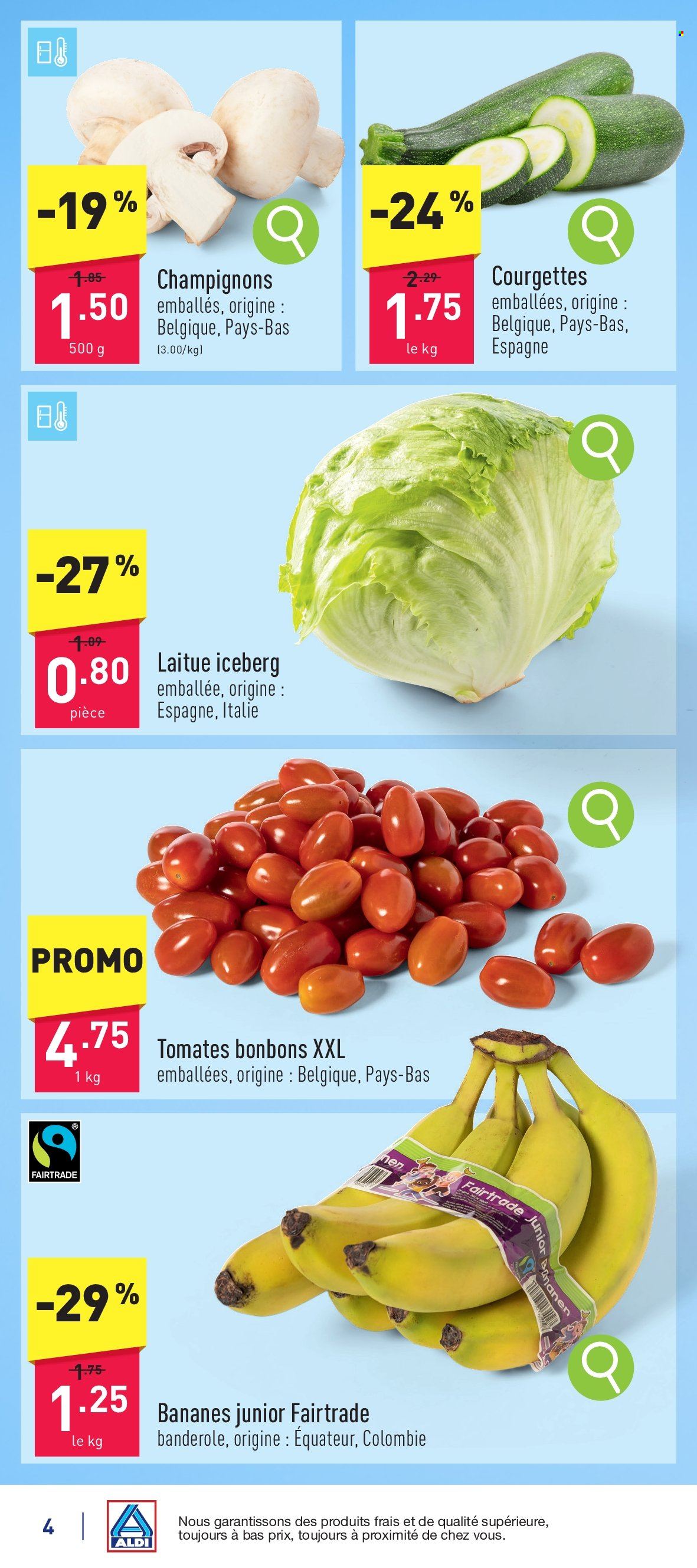 thumbnail - Catalogue ALDI - 27/04/2024 - 04/05/2024 - Produits soldés - tomates, salade, courgette, iceberg, bananes, champignon, bonbons. Page 4.