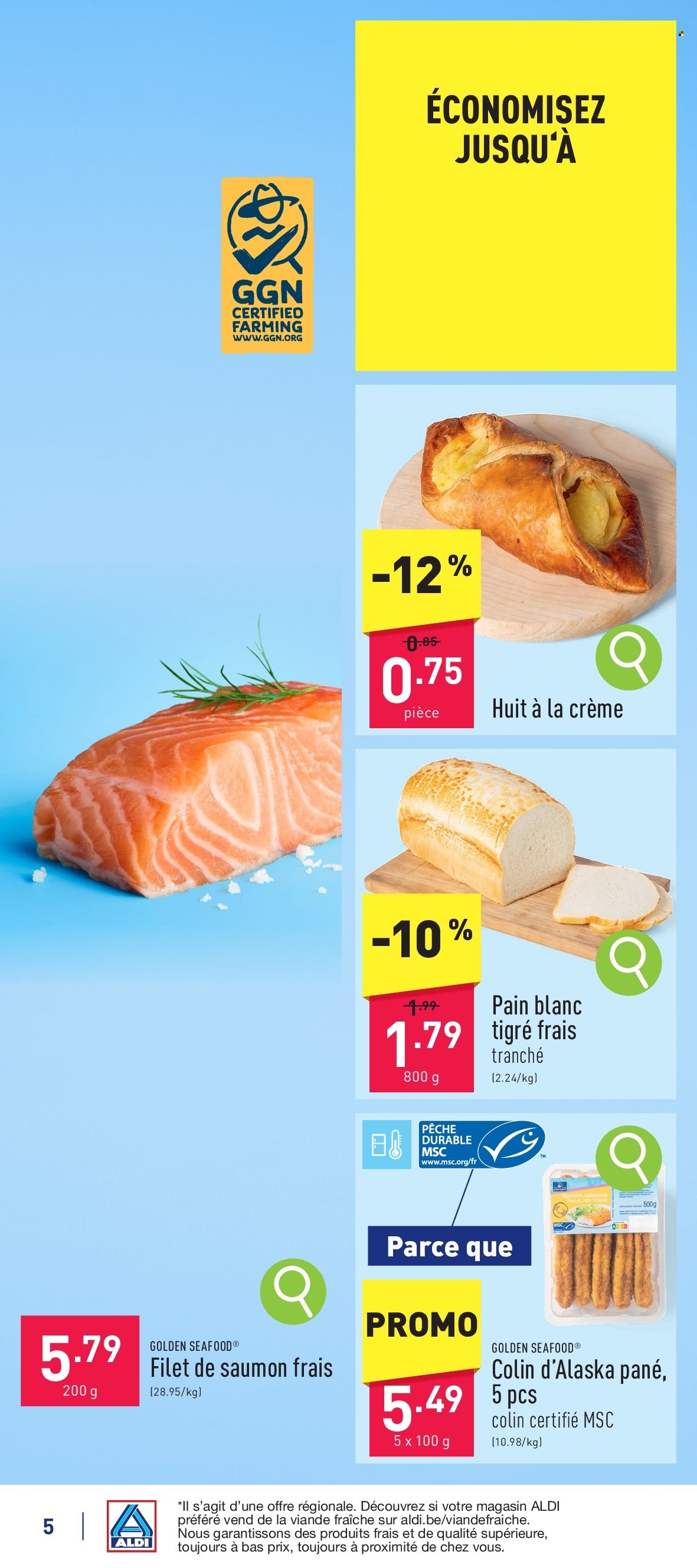 thumbnail - Catalogue ALDI - 27/04/2024 - 04/05/2024 - Produits soldés - viande, pain, saumon, colin, pavés de saumon, filet de poisson. Page 5.