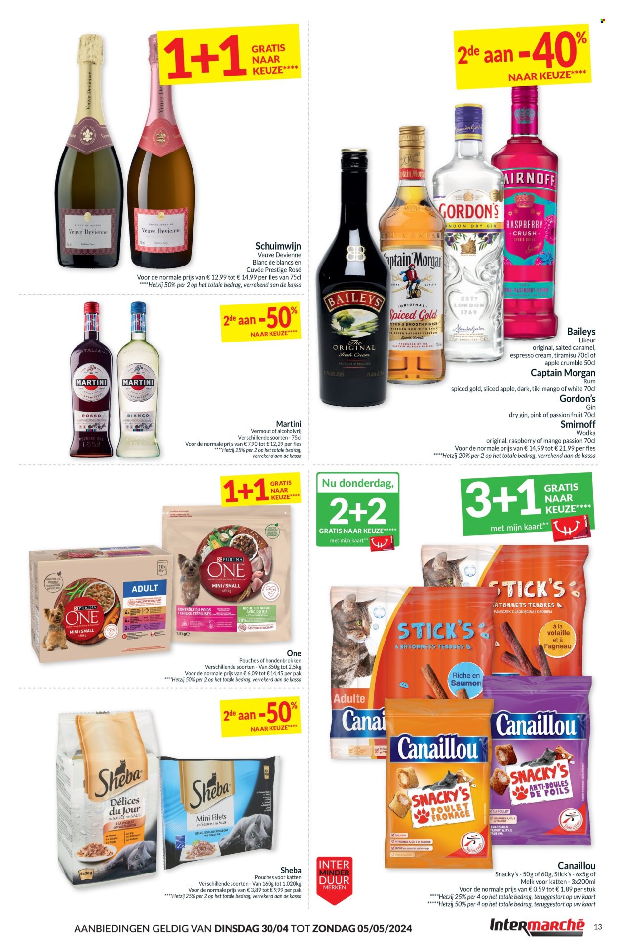 thumbnail - Catalogue Intermarché - 30/04/2024 - 05/05/2024 - Produits soldés - tiramisu, alcool, Captain Morgan, gin, vodka, rhum, Smirnoff, Baileys Irish cream, Martini, Sheba. Page 13.