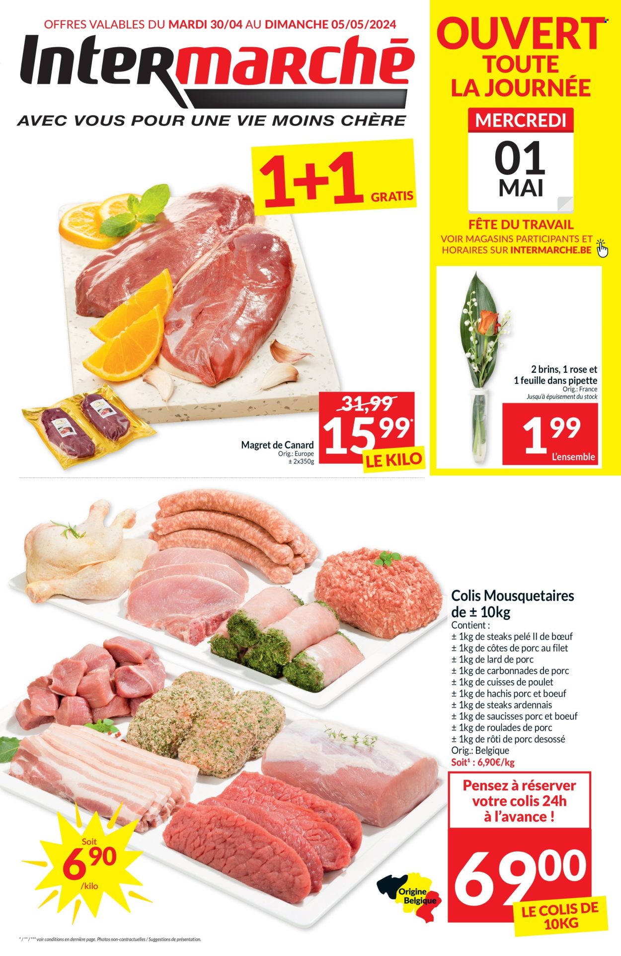 thumbnail - Catalogue Intermarché - 30/04/2024 - 05/05/2024 - Produits soldés - steak, côtes de porc, rôti de porc, viande de porc, magret de canard, cuisses de poulet, viande de poulet, viande de canard, bacon, saucisse. Page 1.