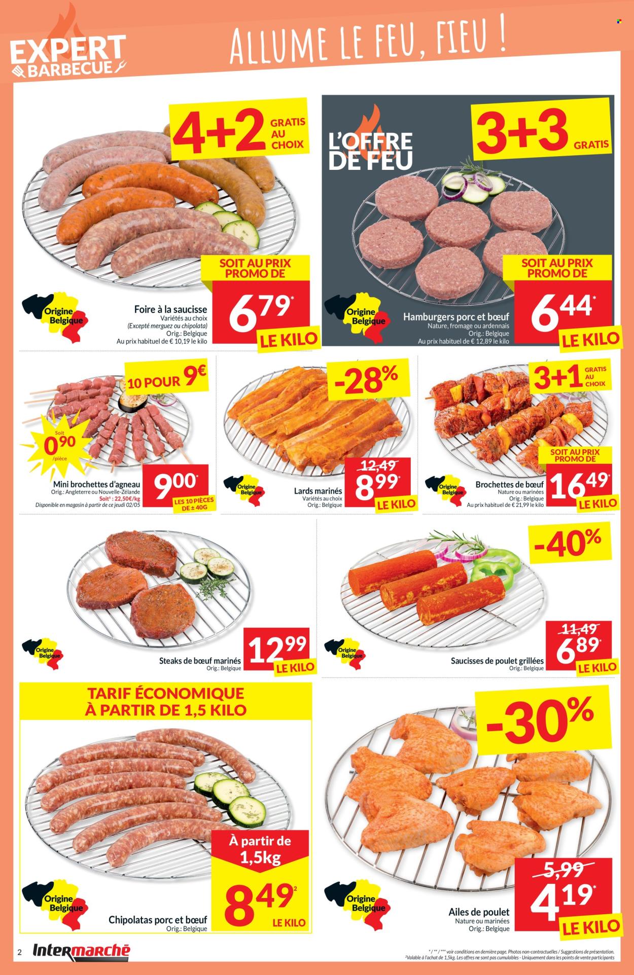 thumbnail - Catalogue Intermarché - 30/04/2024 - 05/05/2024 - Produits soldés - steak, viande de poulet, ailes de poulet, brochettes de bœuf, viande boeuf, merguez, saucisse, chipolata. Page 2.