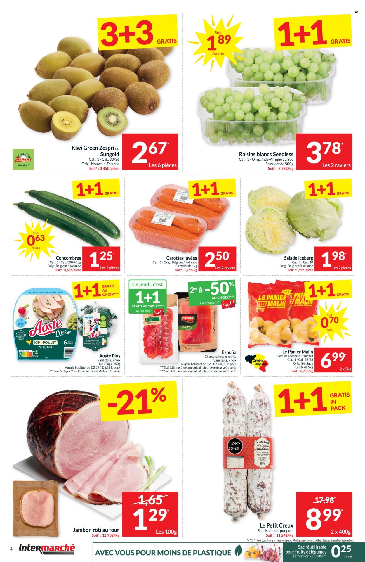 thumbnail - Catalogue Intermarché - 30/04/2024 - 05/05/2024 - Produits soldés - salade, carotte, concombre, pommes de terre, iceberg, kiwi, raisins, Aoste, charcuterie, saucisson, saucisson sec. Page 4.
