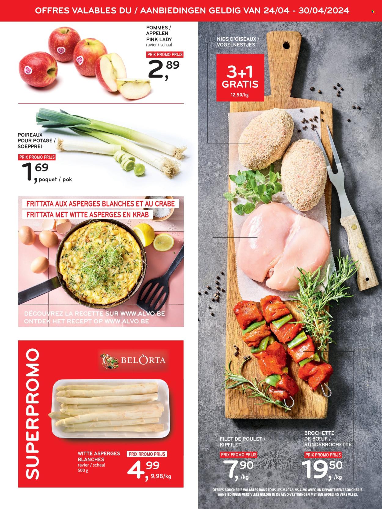 thumbnail - Catalogue Alvo - 24/04/2024 - 07/05/2024 - Produits soldés - asperge, poireau, pommes, filet de poulet, viande de poulet, brochettes de bœuf, crabe. Page 3.