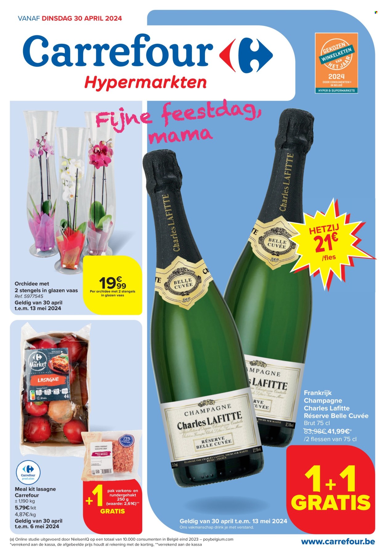 thumbnail - Catalogue Carrefour hypermarkt - 30/04/2024 - 13/05/2024 - Produits soldés - lasagnes, Lafitte, champagne, alcool, orchidée. Page 1.
