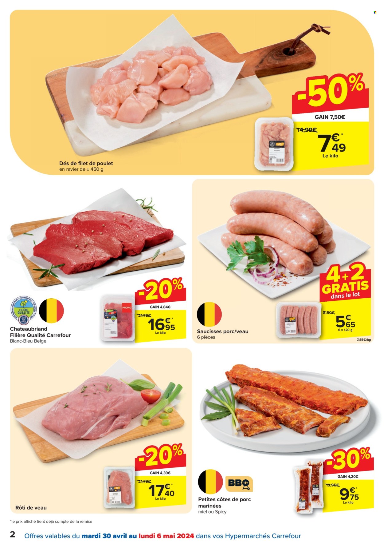 thumbnail - Catalogue Carrefour hypermarkt - 30/04/2024 - 13/05/2024 - Produits soldés - côtes de porc, viande de porc, filet de poulet, viande de poulet, viande de veau, saucisse. Page 2.