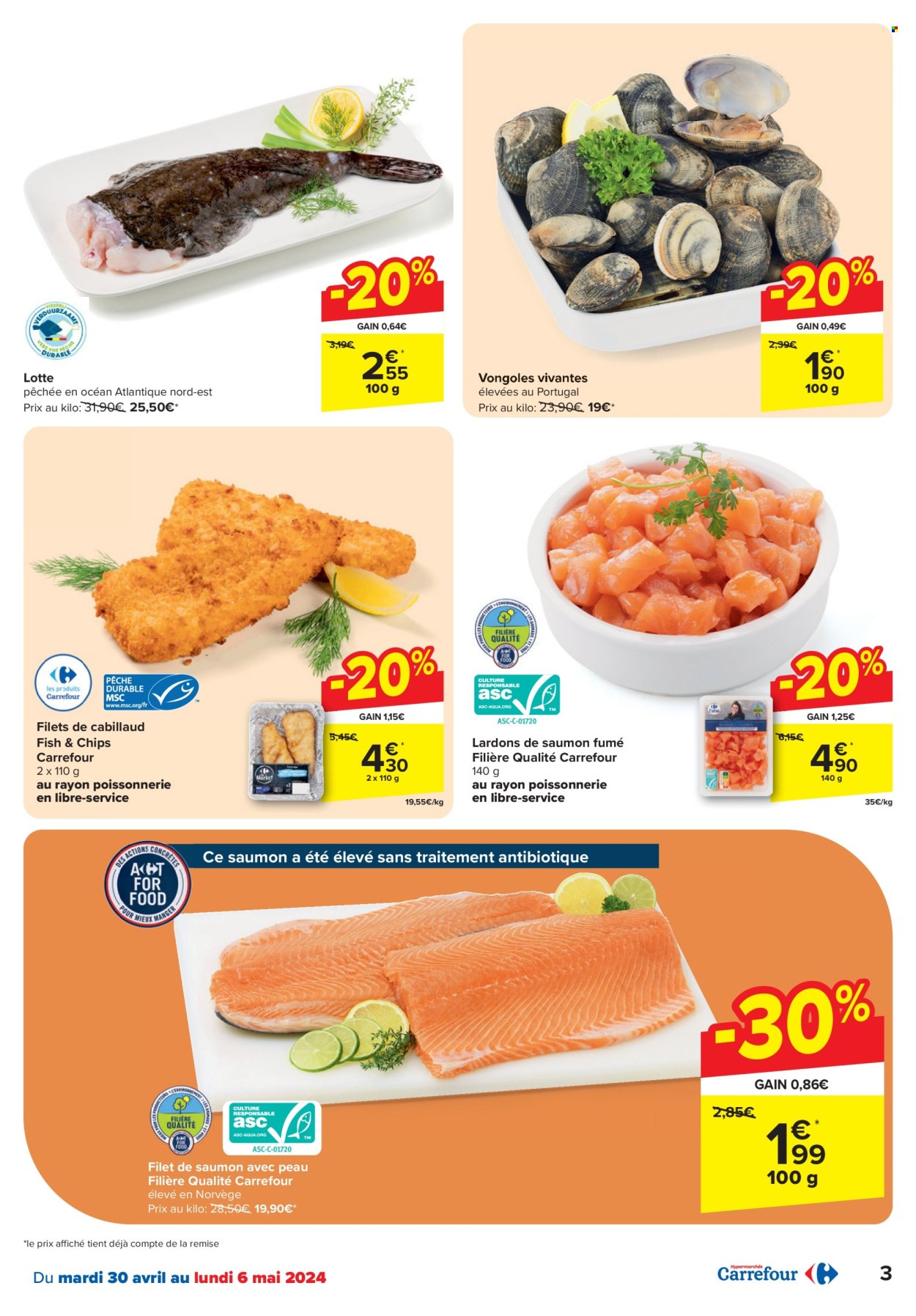 thumbnail - Catalogue Carrefour hypermarkt - 30/04/2024 - 13/05/2024 - Produits soldés - saumon, cabillaud, lotte, pavés de saumon, filet de poisson, lardons, saumon fumé. Page 3.