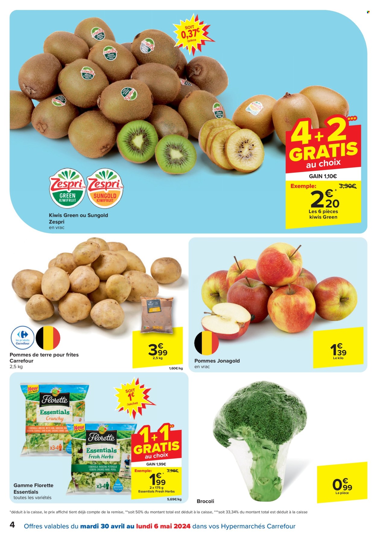 thumbnail - Catalogue Carrefour hypermarkt - 30/04/2024 - 13/05/2024 - Produits soldés - brocoli, chicorée, chou, chou blanc, pommes de terre, iceberg, kiwi, persil. Page 4.