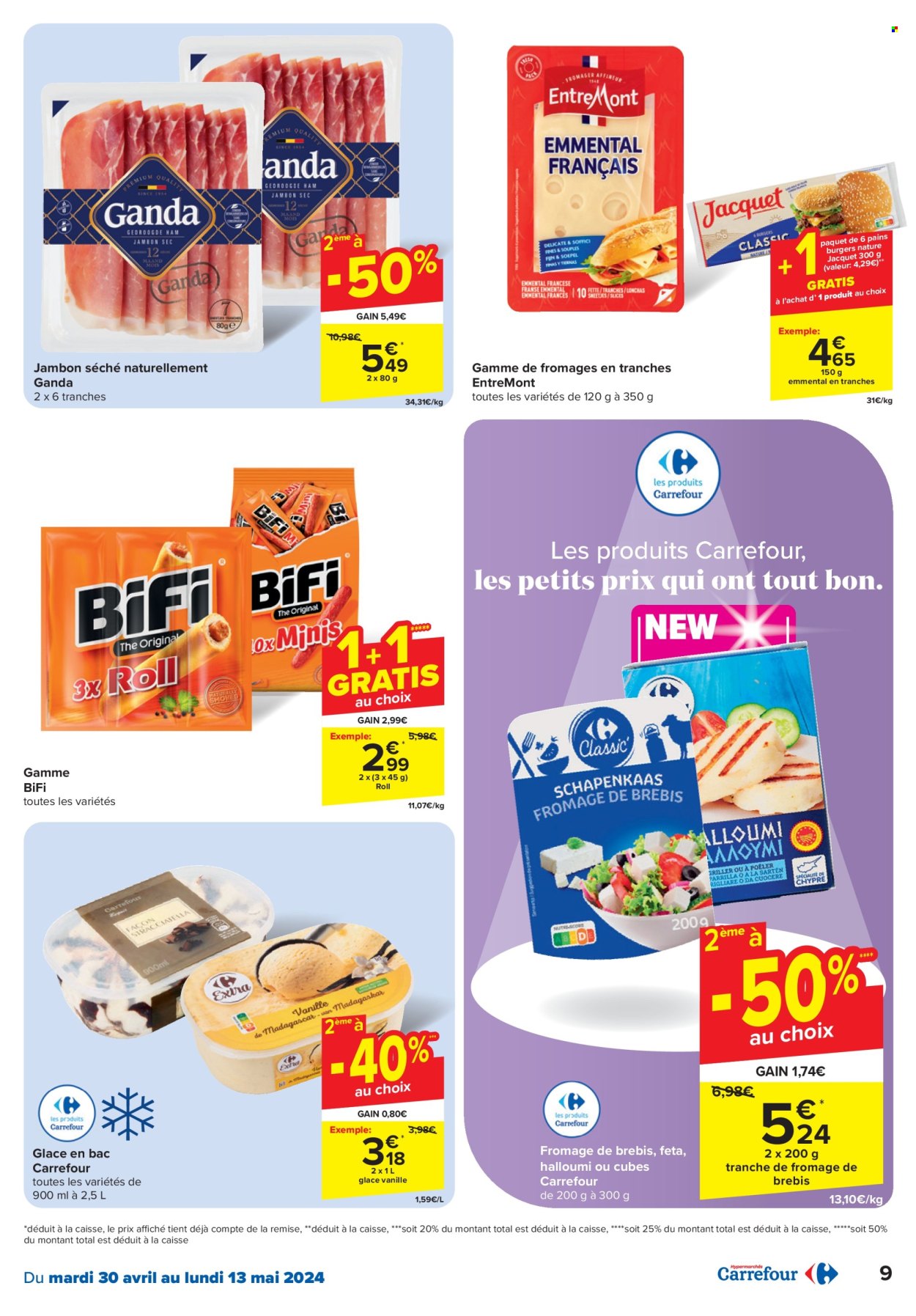 thumbnail - Catalogue Carrefour hypermarkt - 30/04/2024 - 13/05/2024 - Produits soldés - pain, jambon, emmental, glace. Page 9.